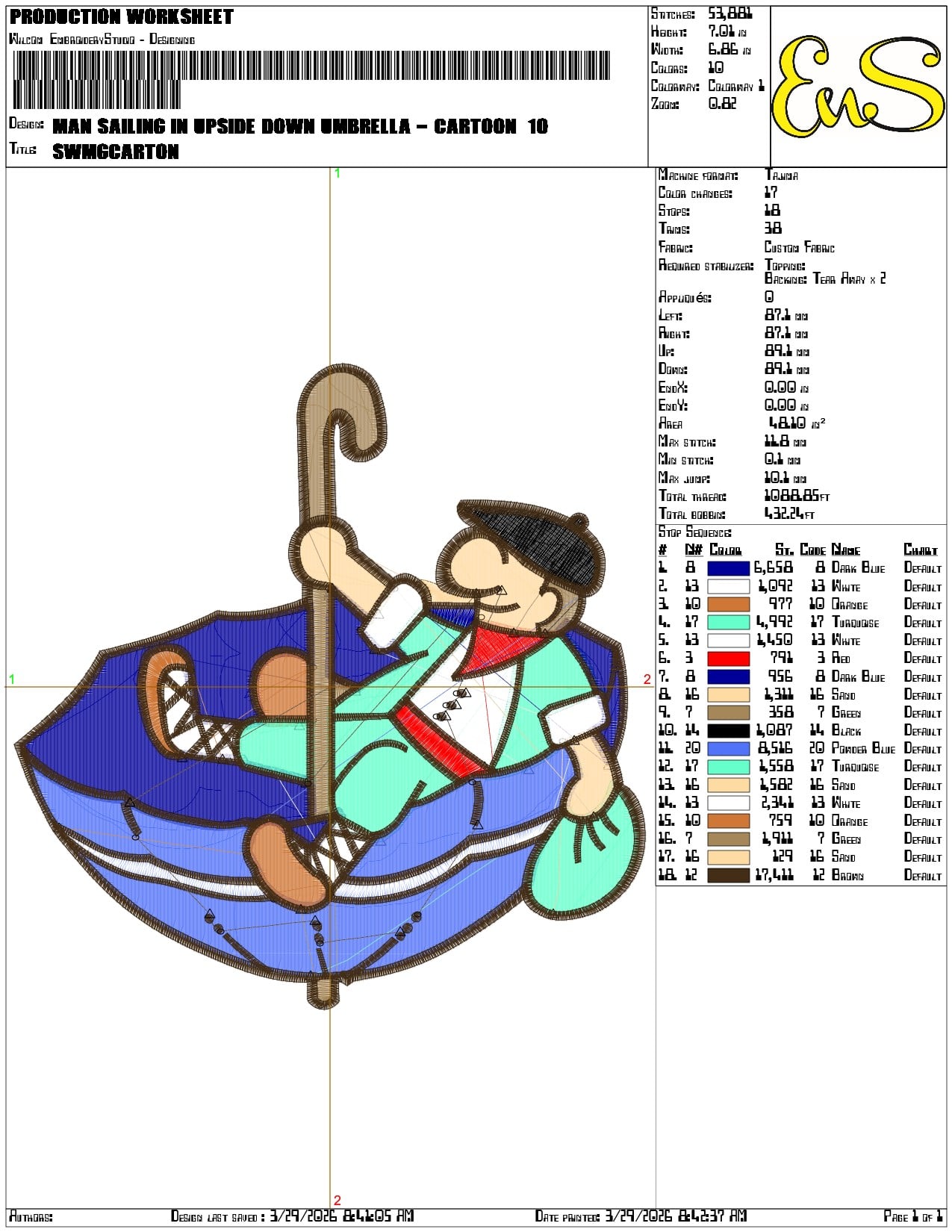 Man Sailing in Upside down Umbrella Cartoon    - Elegant embroidery design file-instant download — view 3