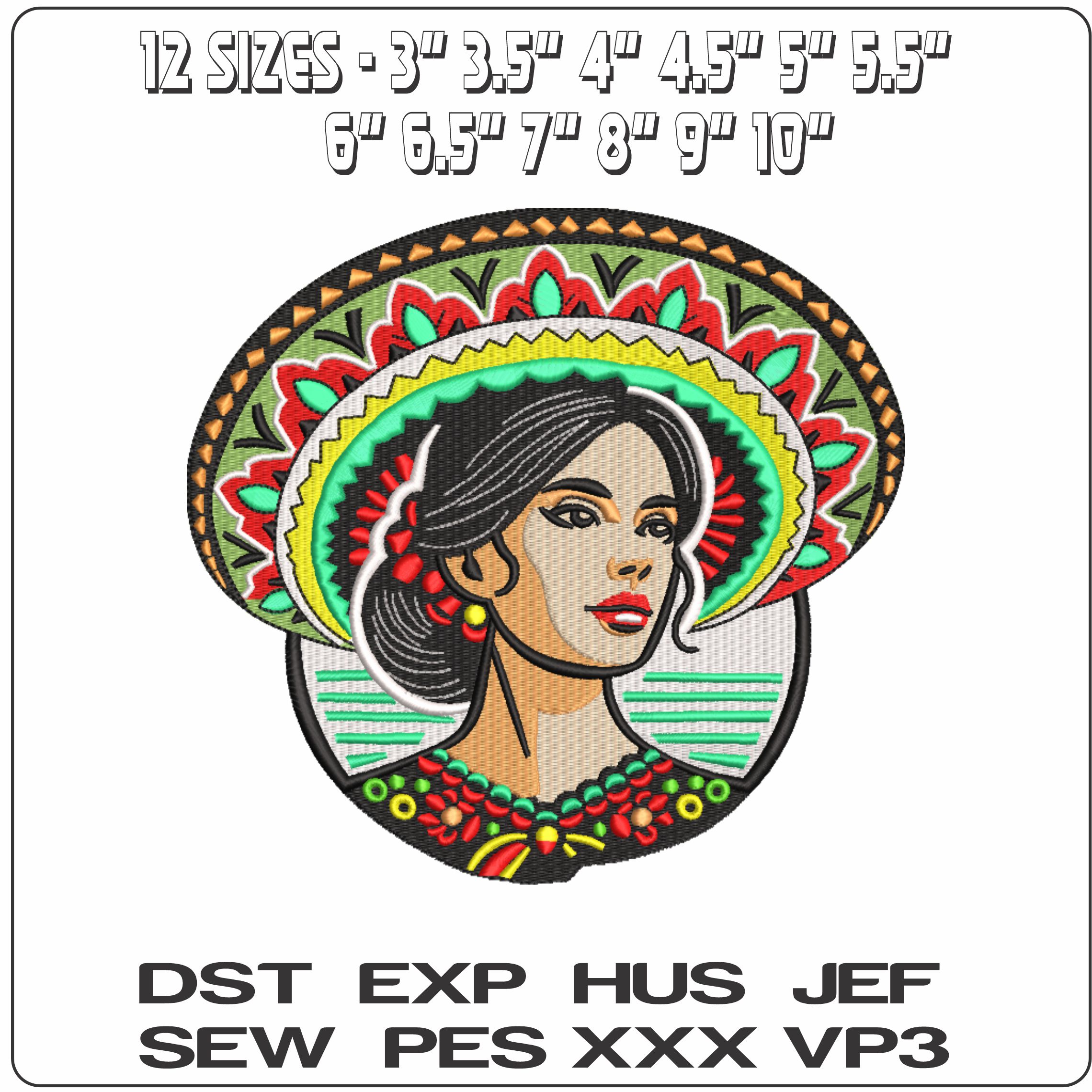 Mexican Woman Head and Hat    - Elegant embroidery design file-instant download — view 2