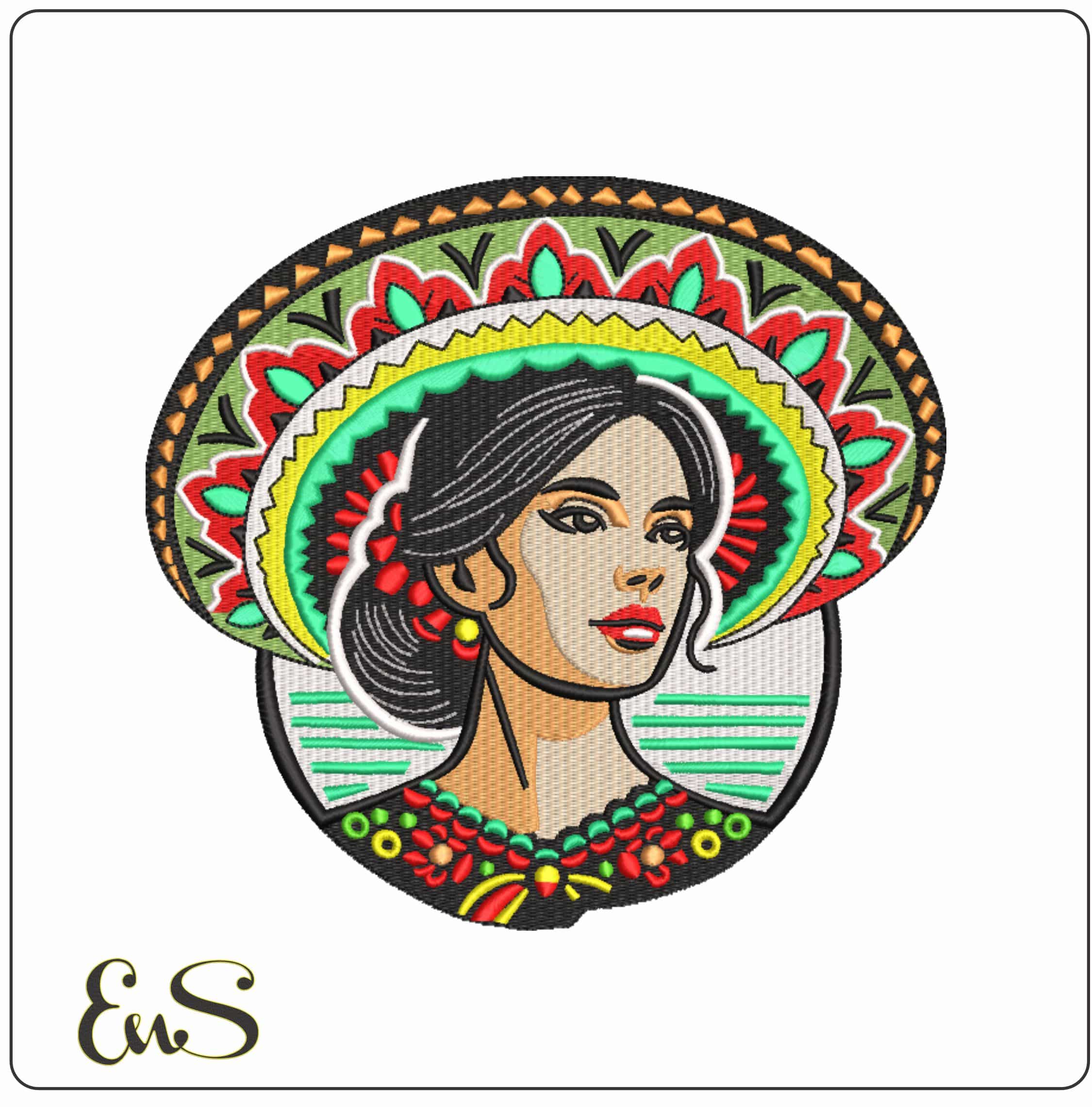 Mexican Woman Head and Hat    - Elegant embroidery design file-instant download