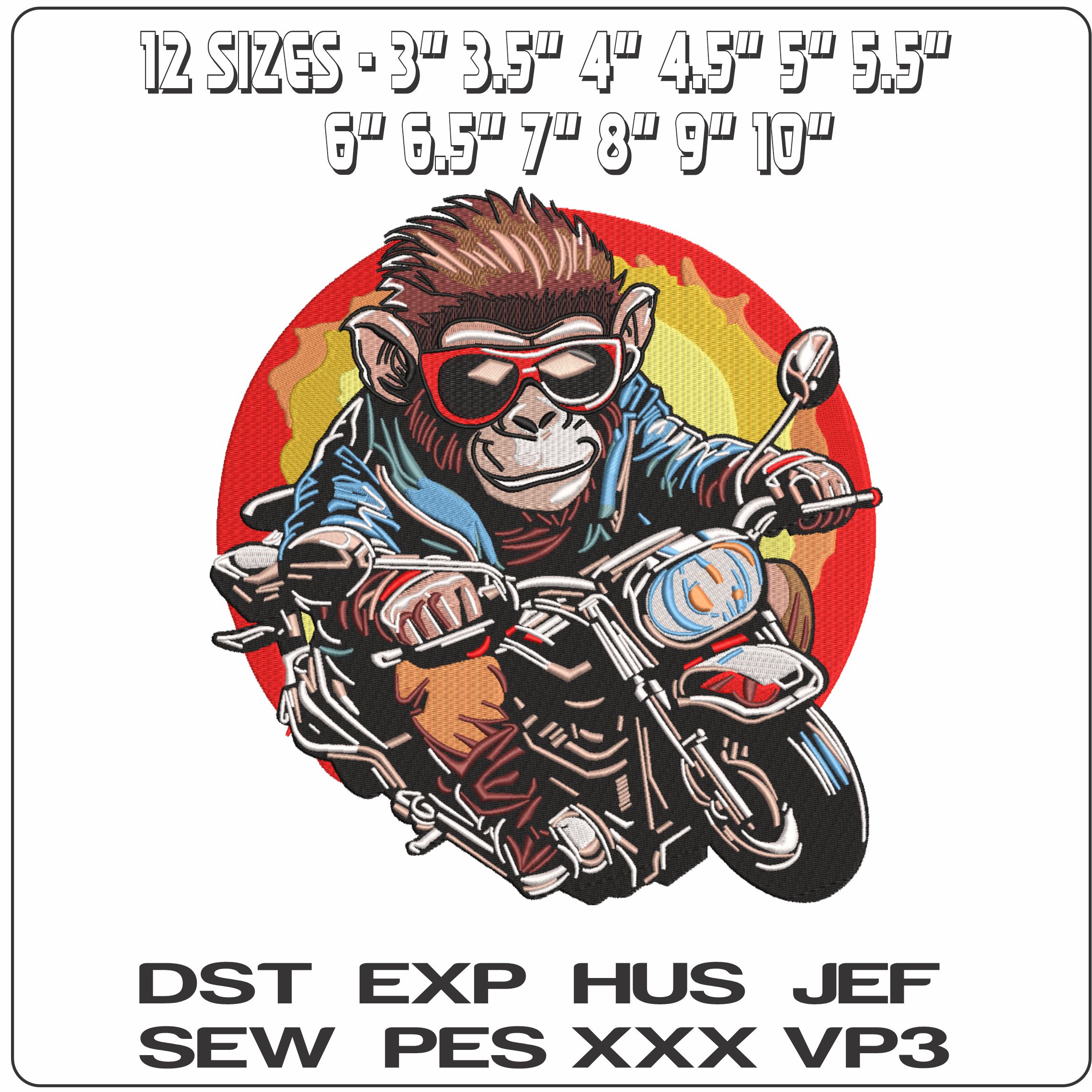 Monkey on a Motorbike Sunset Patch    - Elegant embroidery design file-instant download — view 2