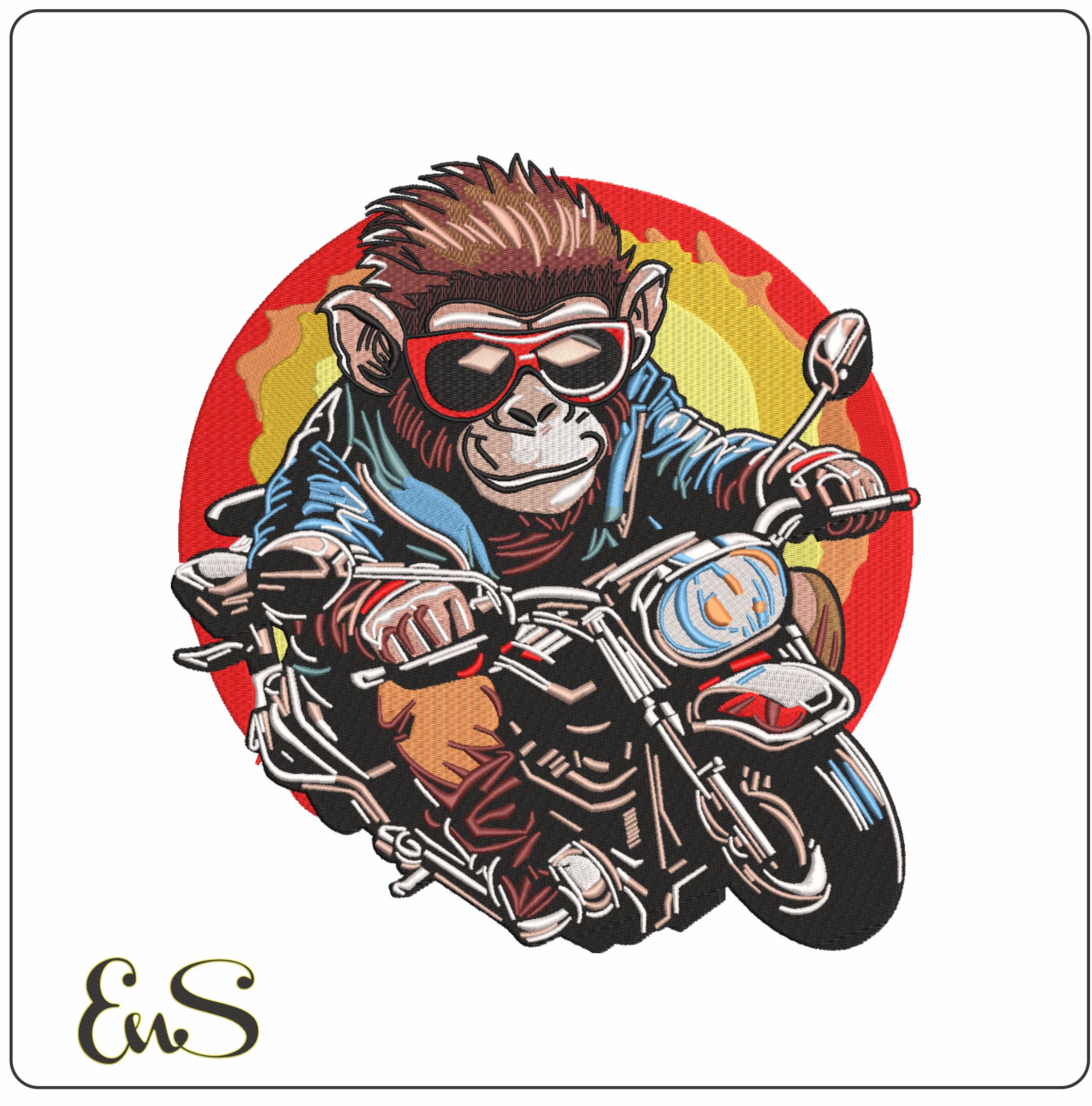 Monkey on a Motorbike Sunset Patch    - Elegant embroidery design file-instant download