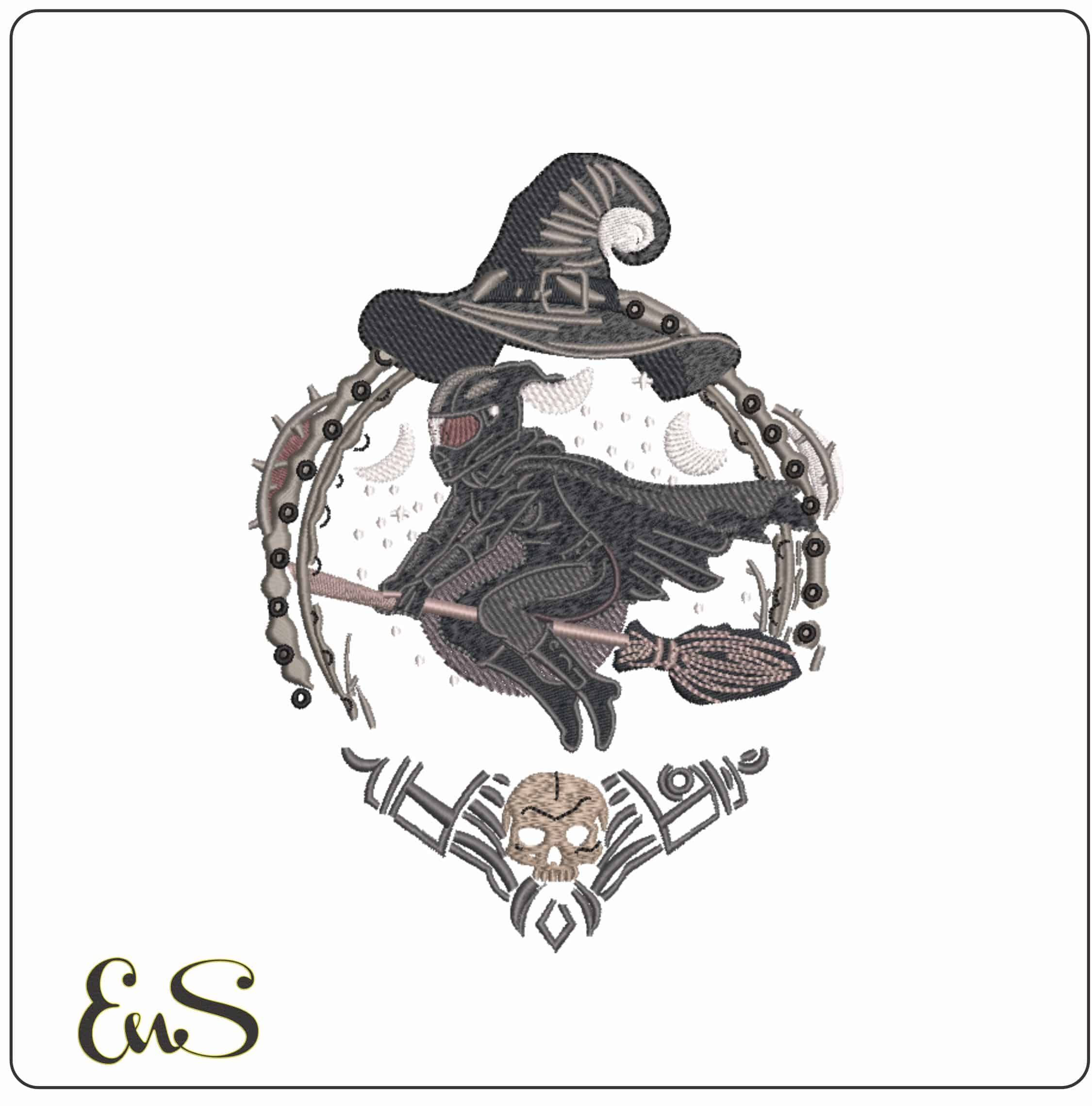 Motor Bike Witch on A broomstick in Wreath    - Elegant embroidery design file-instant download