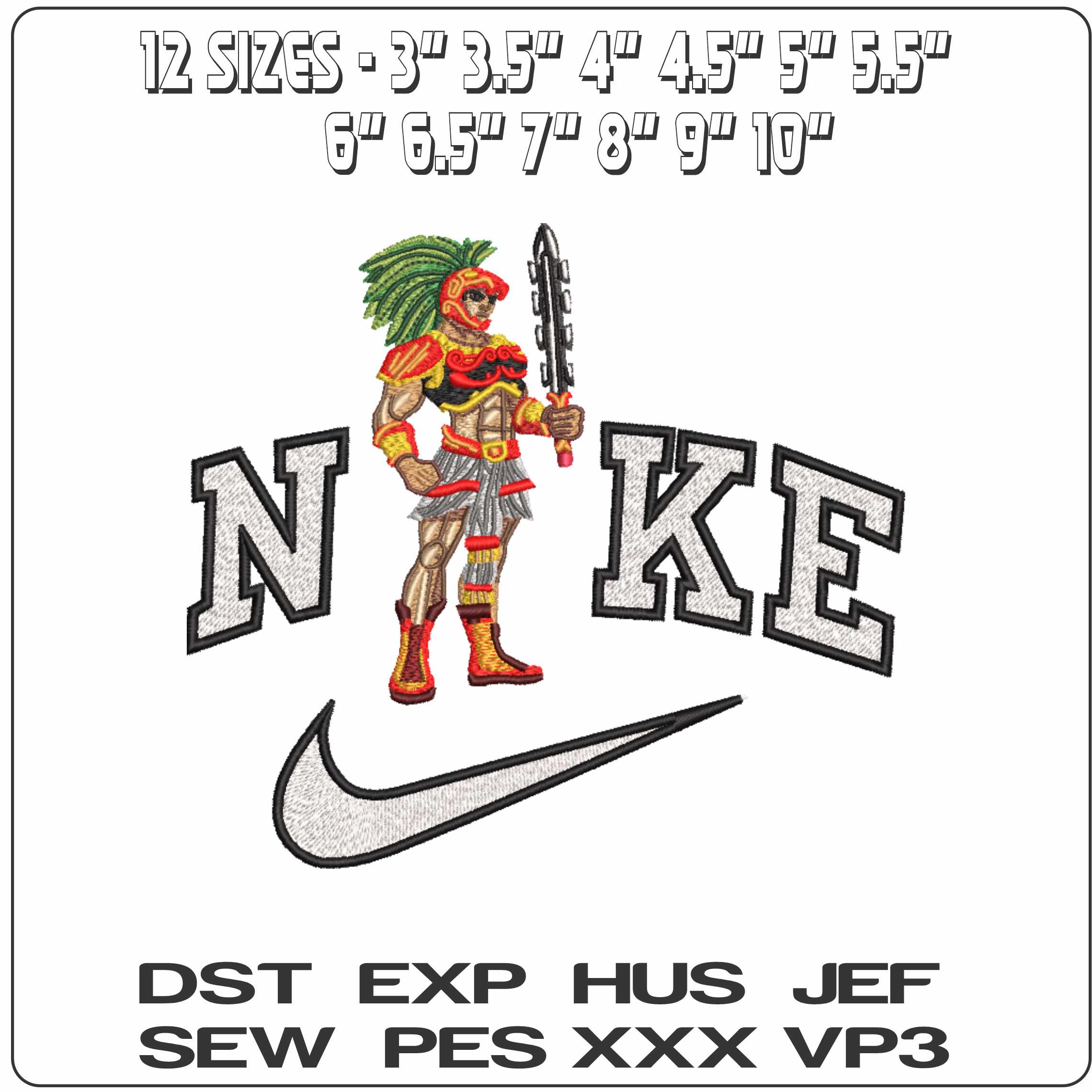 Nike Aztec Warrior with Macuahuitl Sword   - Elegant embroidery design file-instant download — view 2