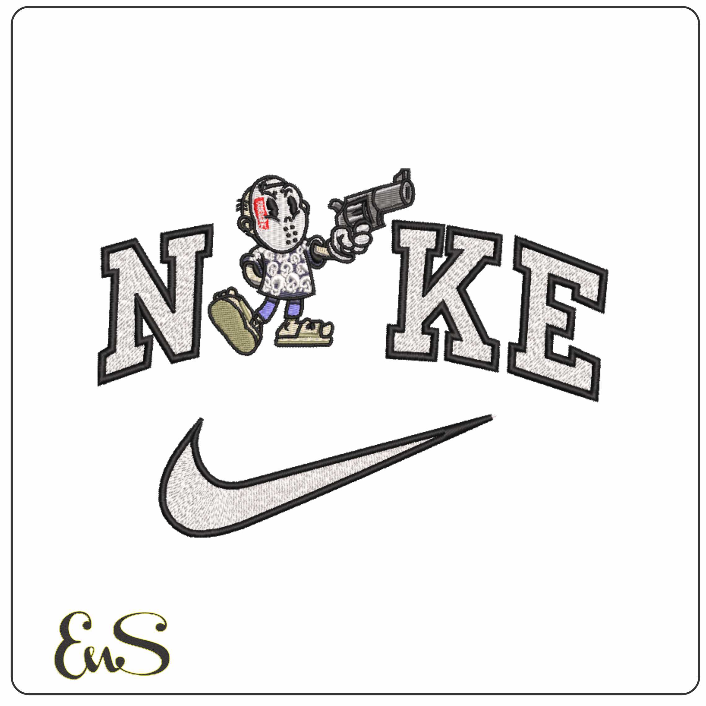 Nike Chibi Friday 13th with a Gun     - Elegant embroidery design file-instant download