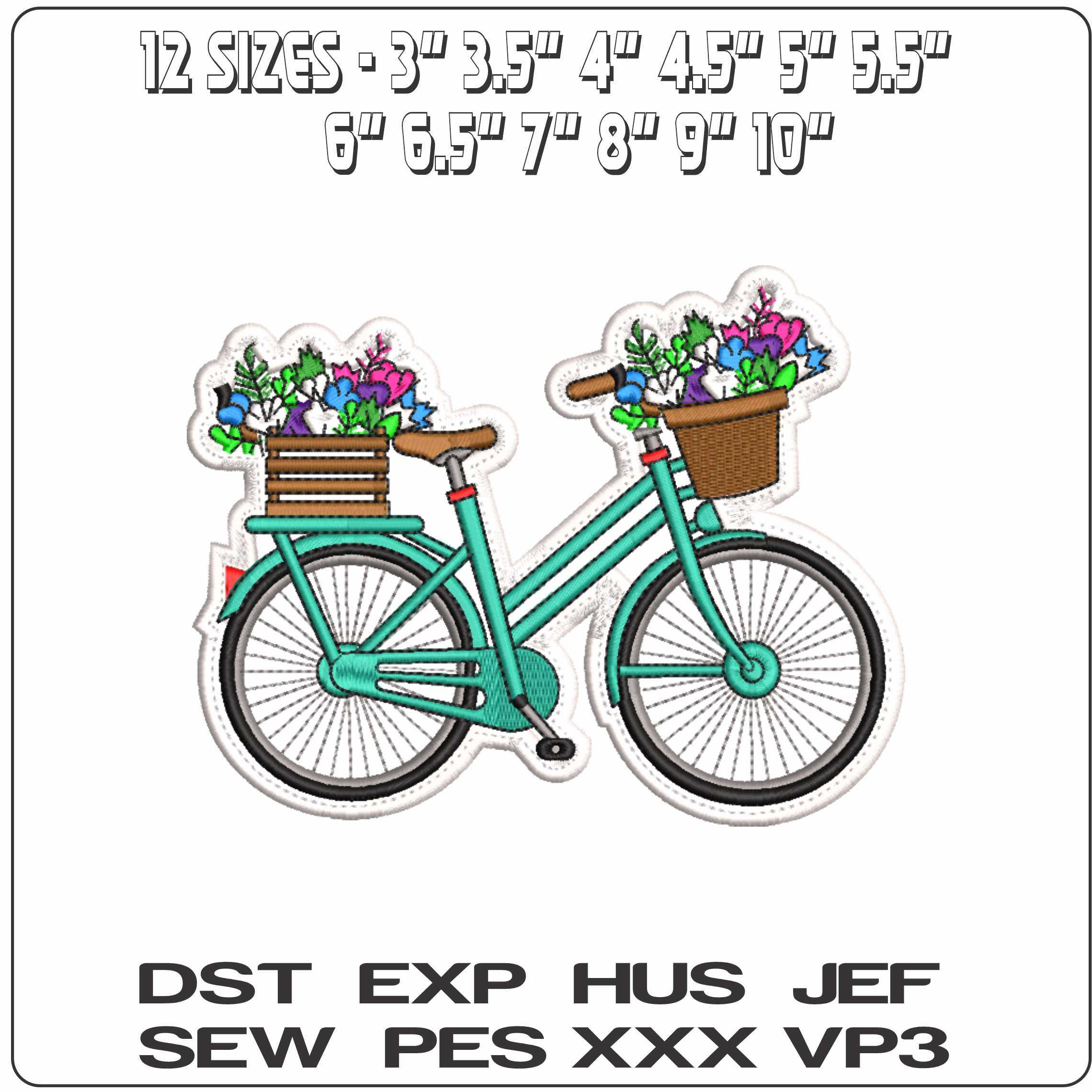 Bicycle with flowers and outline     - Elegant embroidery design file-instant download — view 2