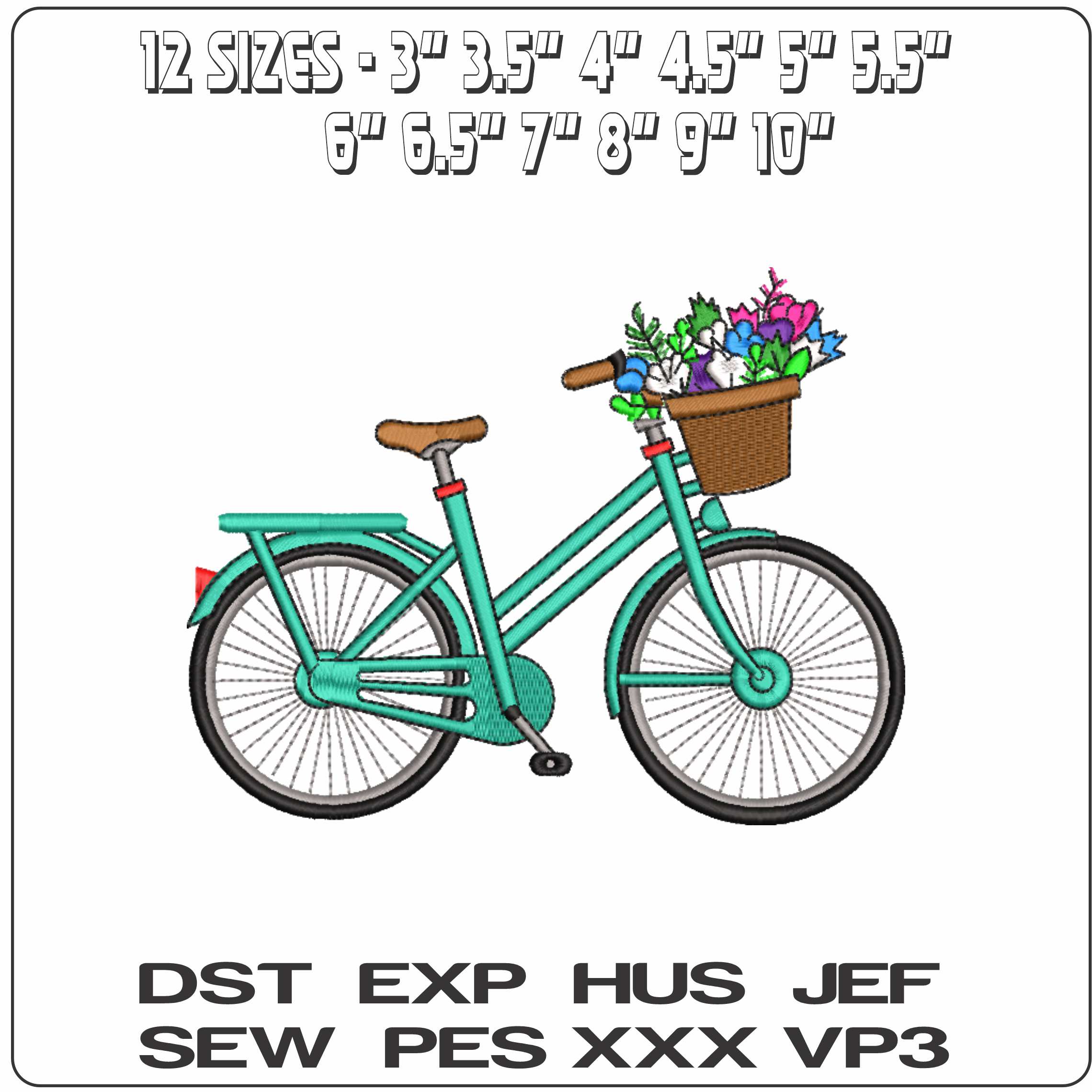 Bicycle with flowers front basket     - Elegant embroidery design file-instant download — view 2