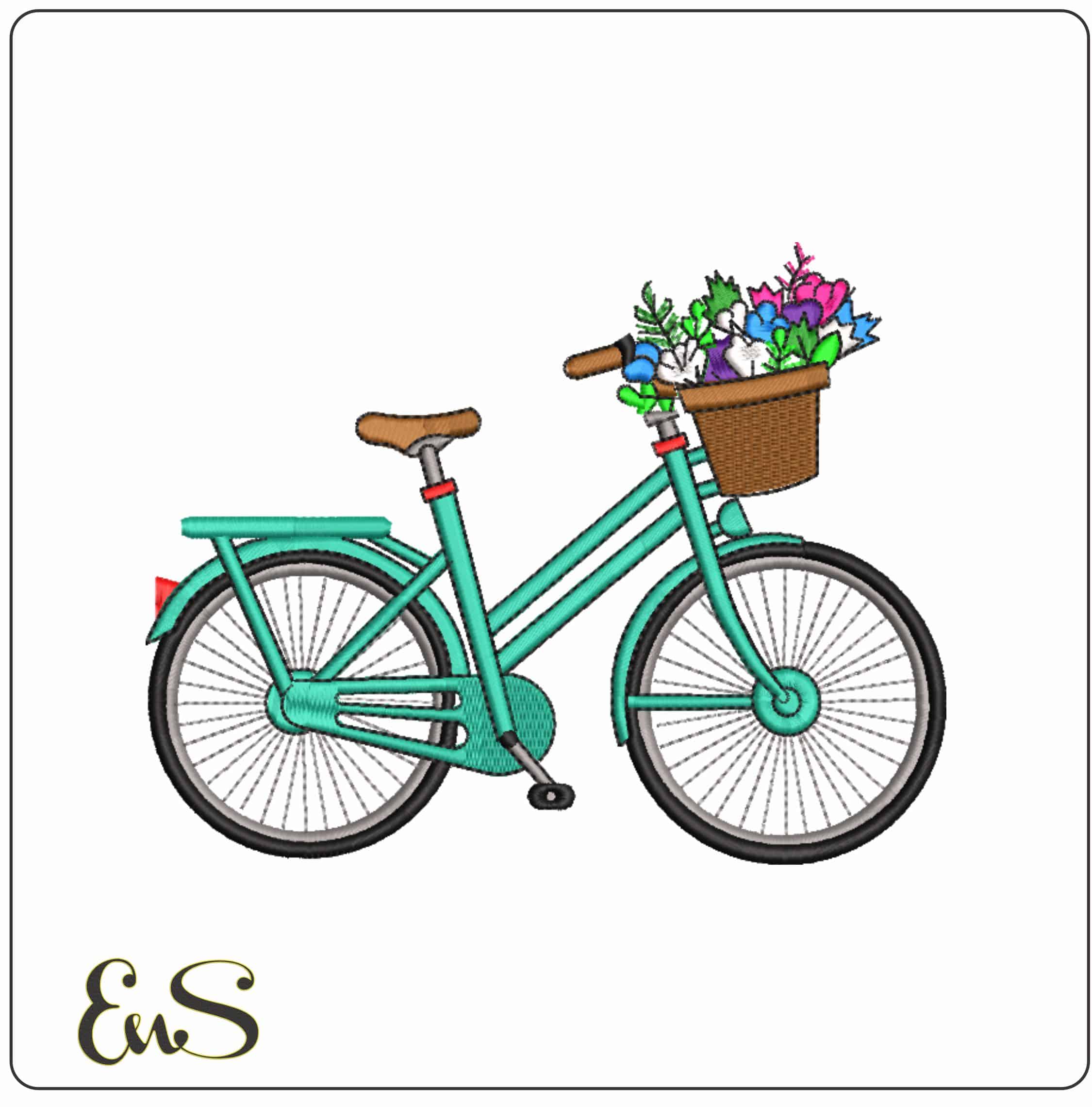 Bicycle with flowers front basket     - Elegant embroidery design file-instant download