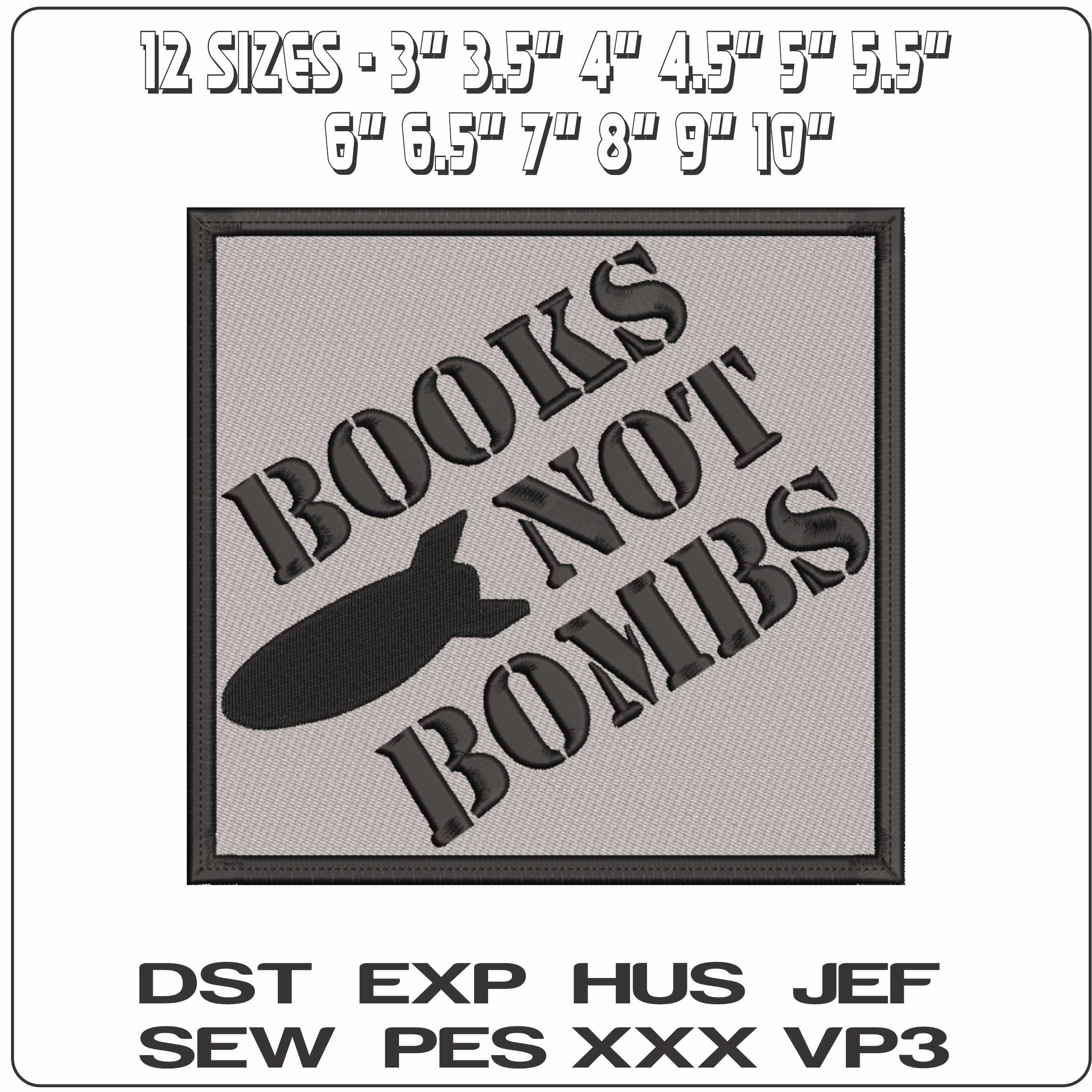 Books not Bombs Patch    - Elegant embroidery design file-instant download — view 2
