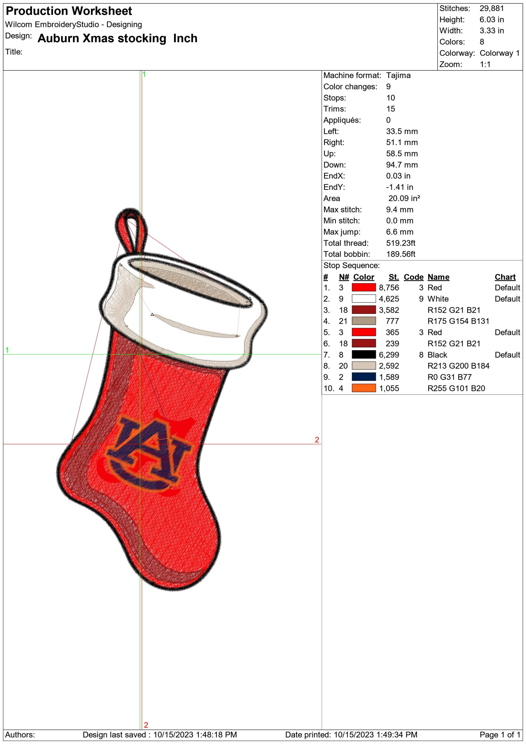Auburn Christmas Stocking- embroidery file - instant download in a frame — view 3