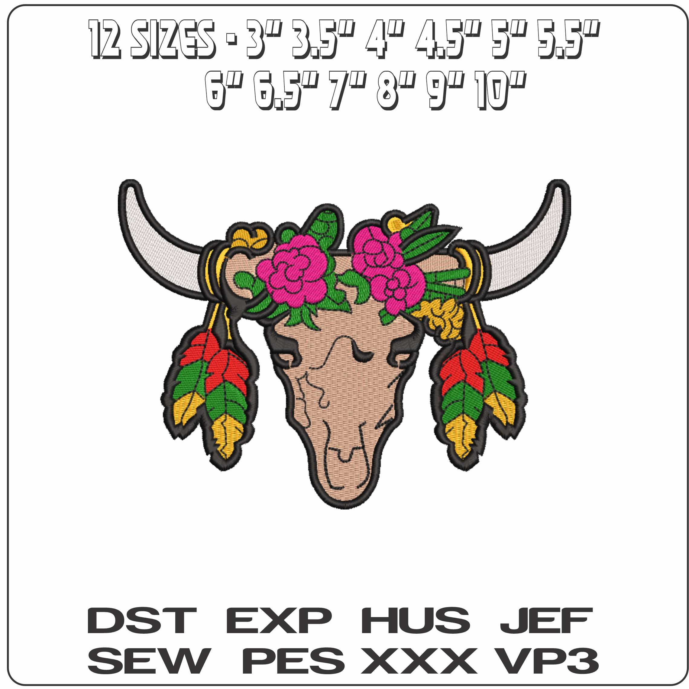 Indian Bull Skull  - Elegant embroidery design file-instant download — view 2