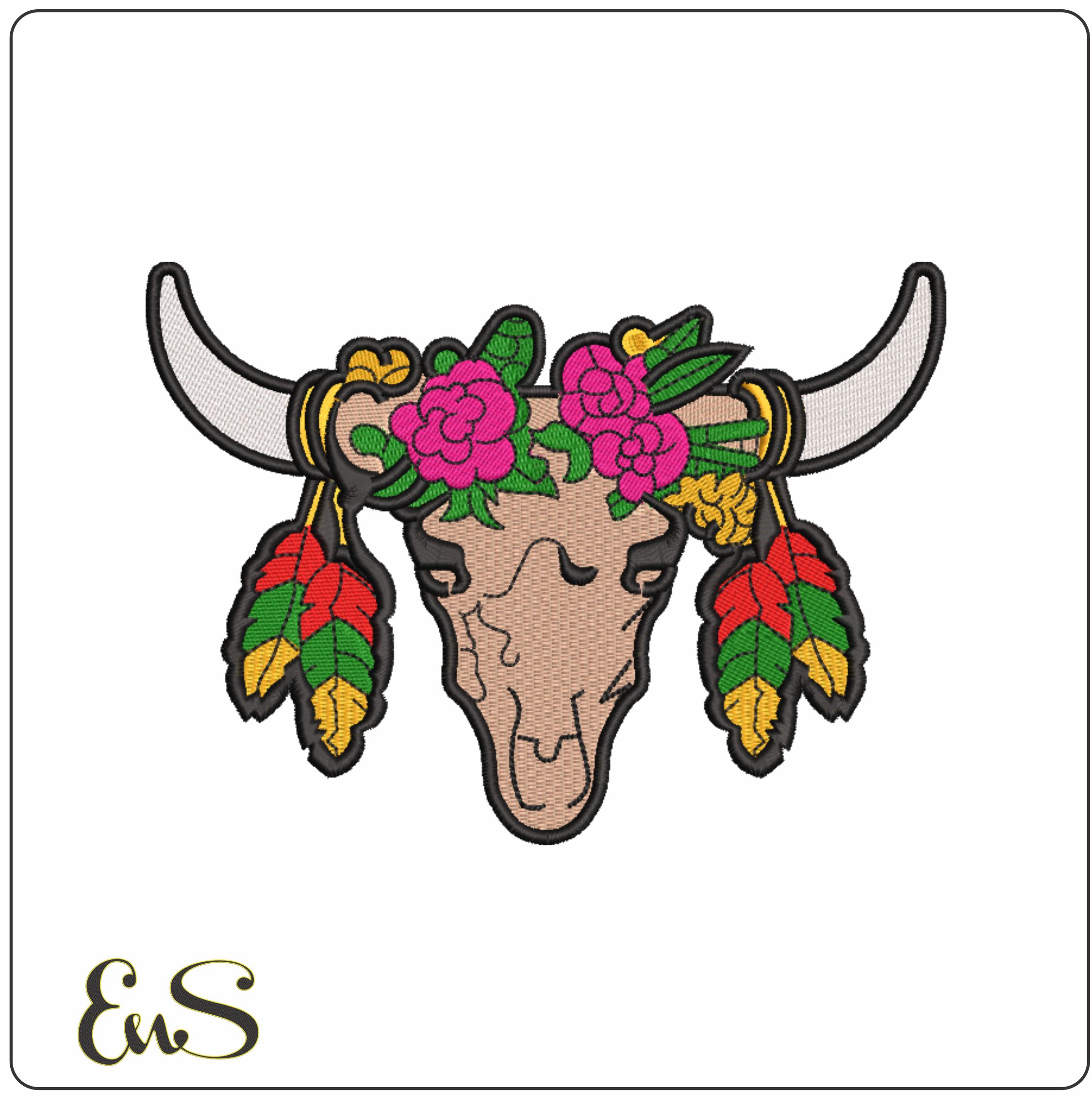 Indian Bull Skull  - Elegant embroidery design file-instant download