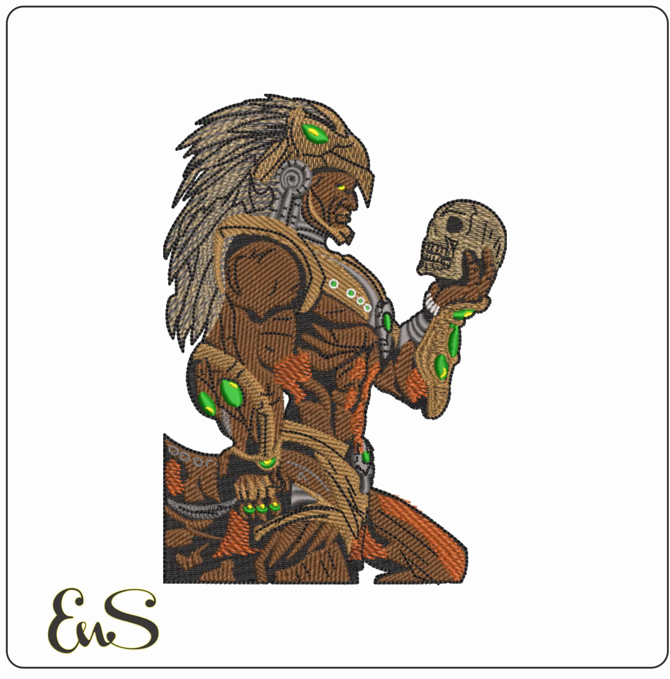 Jin Warrior with Skull  - Elegant embroidery design file-instant download