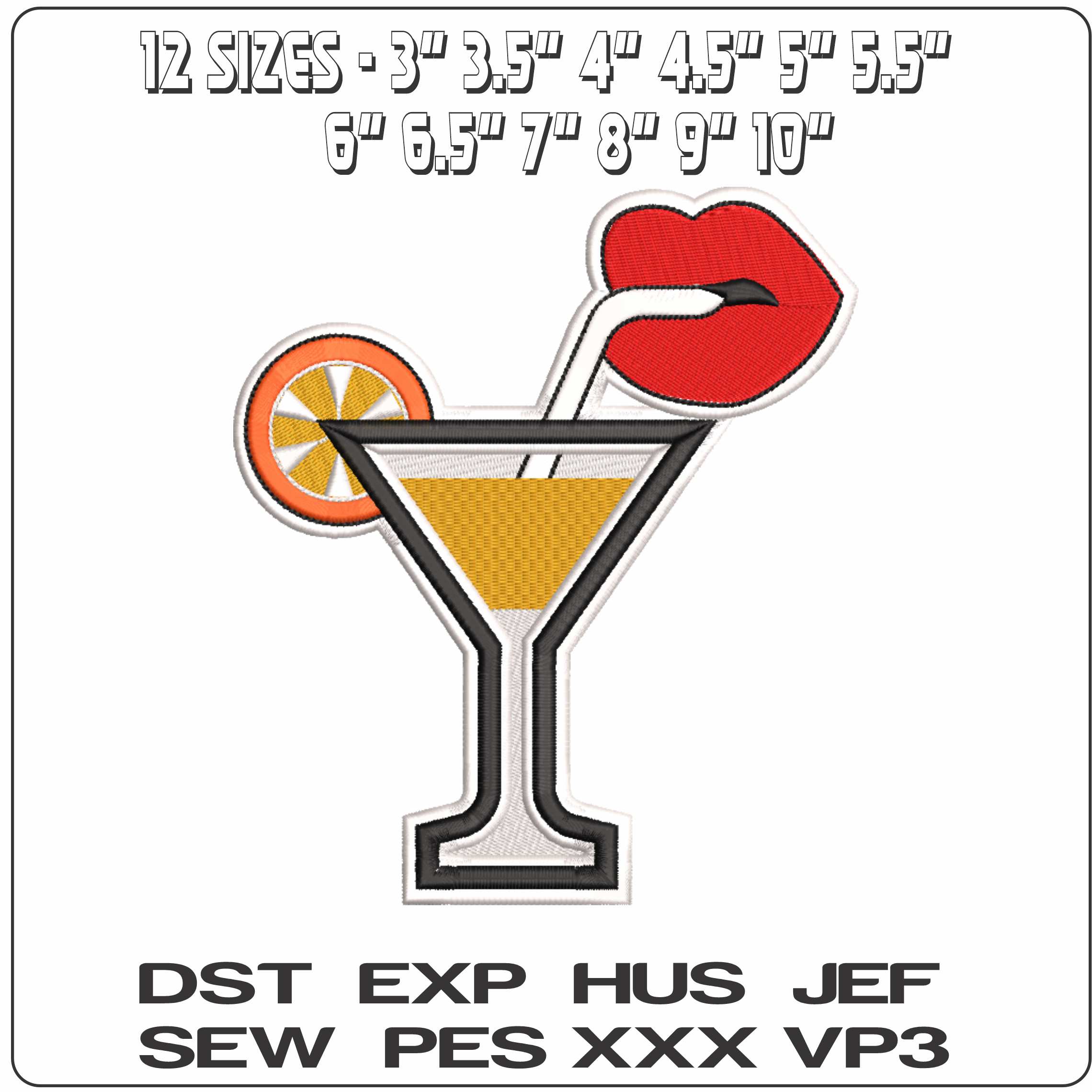 Lips and a Cocktail - Elegant embroidery design file-instant download — view 2