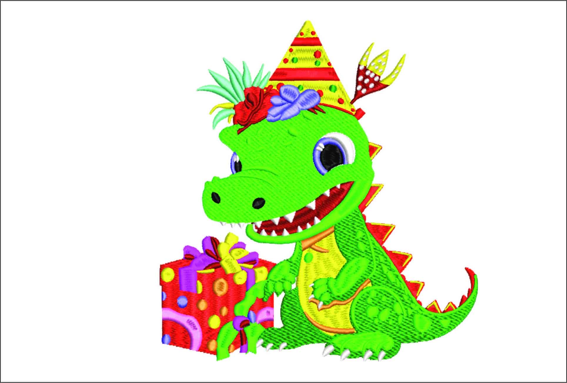 Dragon Christmas with Present Large- embroidery file - instant download in a frame