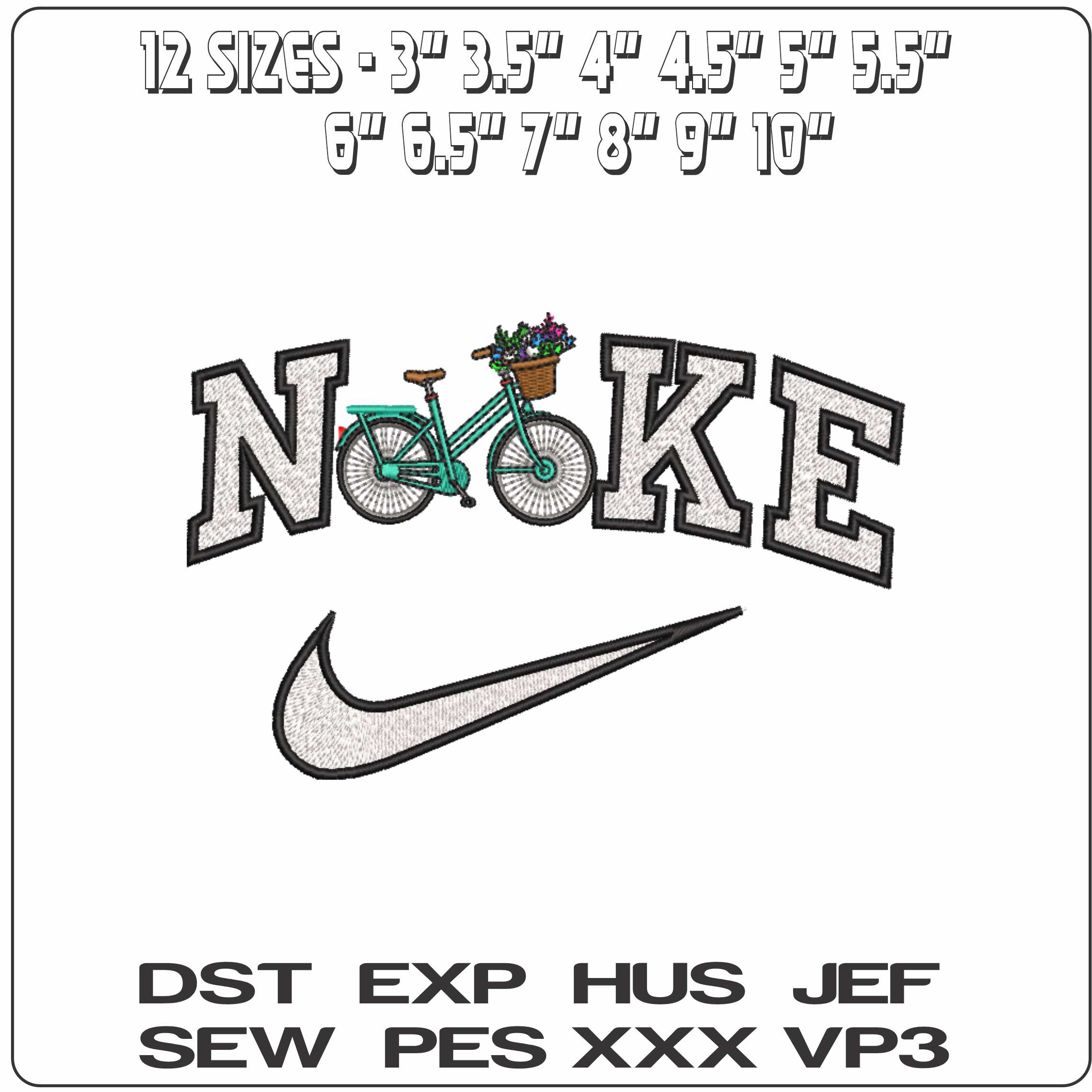 Nike Bicycle with flowers front basket   - Elegant embroidery design file-instant download — view 2
