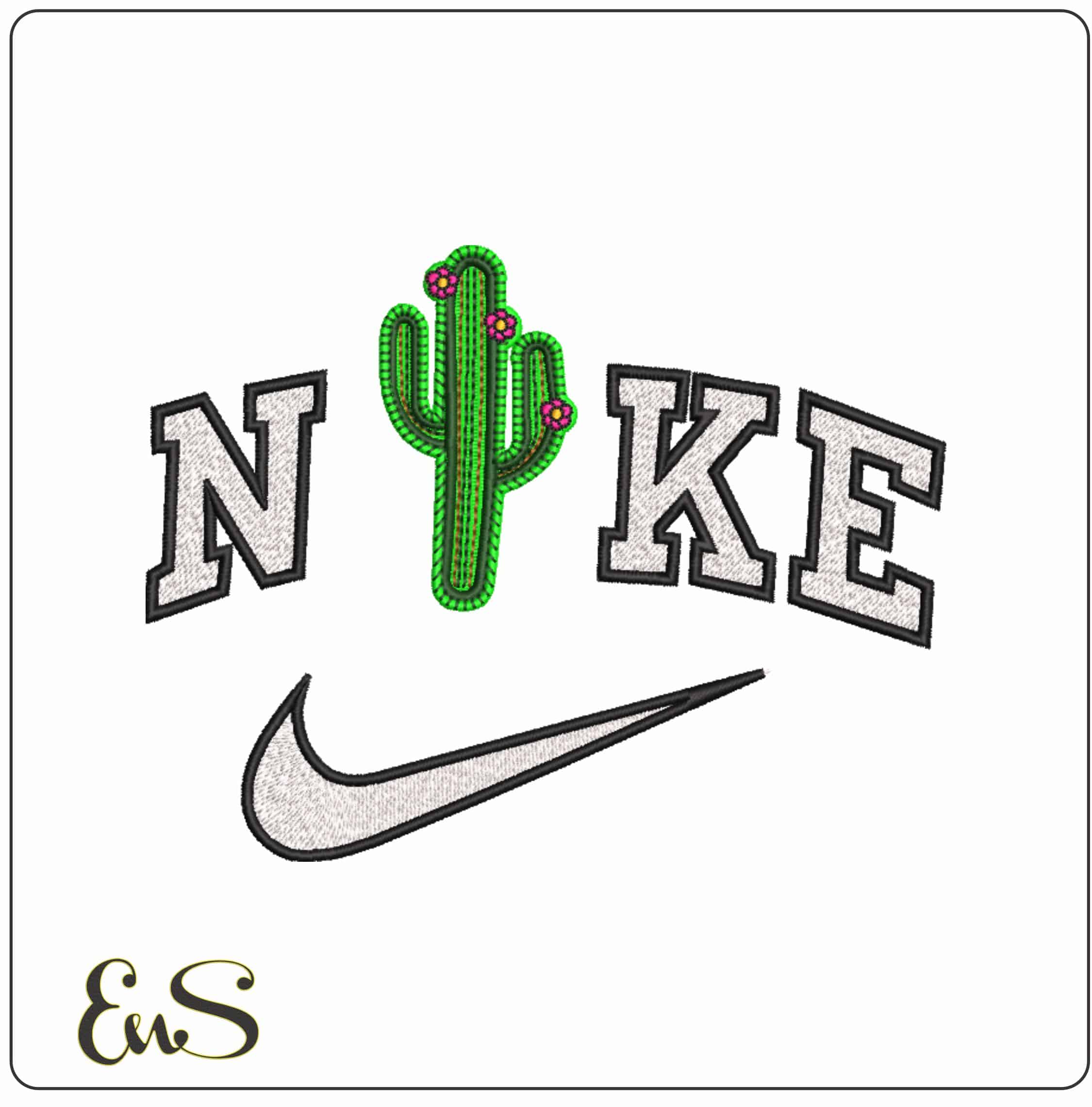 Nike Cactus with Flowers Patch   - Elegant embroidery design file-instant download