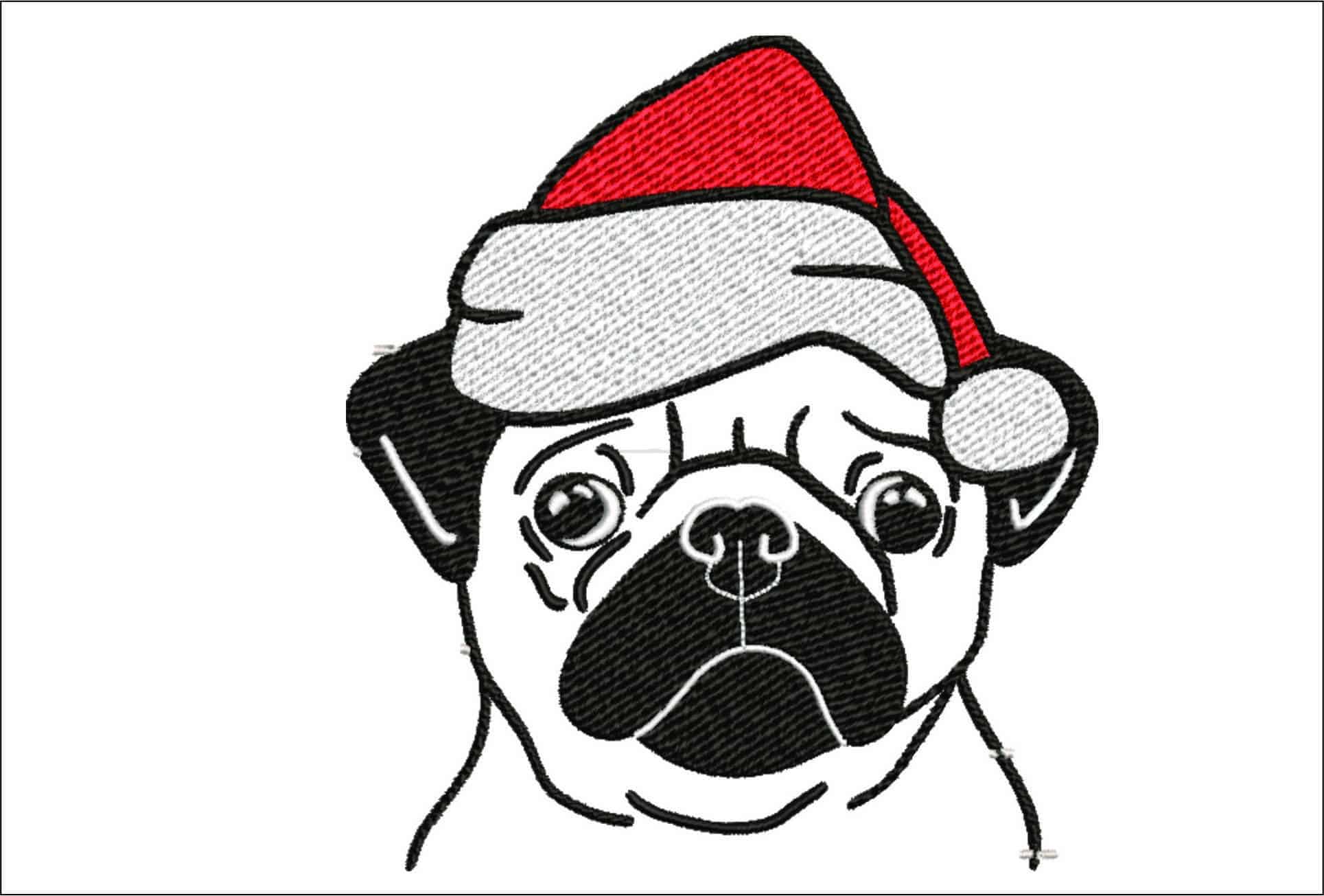 Pug Christmas Hat Embroidery File - instant download in a frame