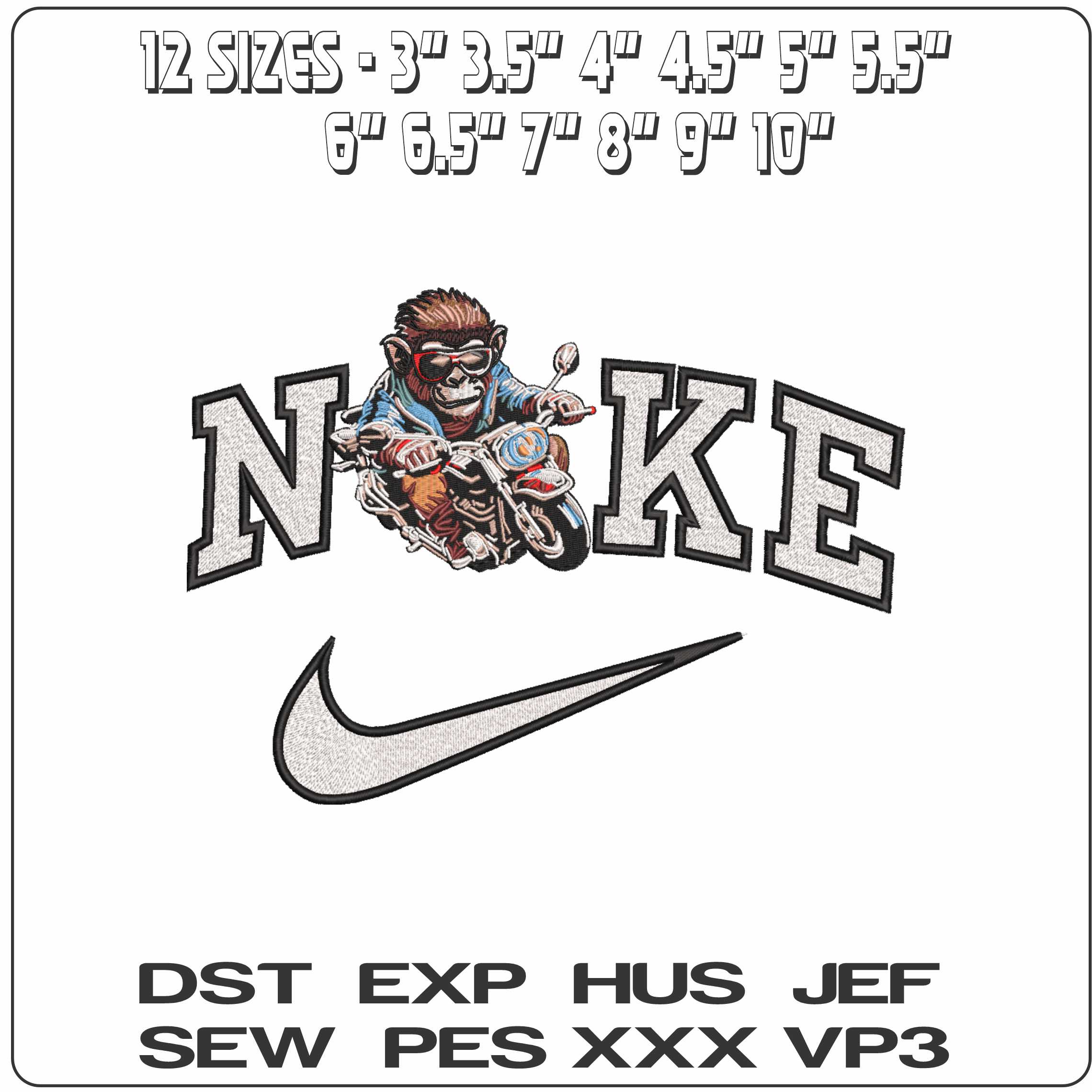 Nike Monkey on a Motorbike    - Elegant embroidery design file-instant download — view 2