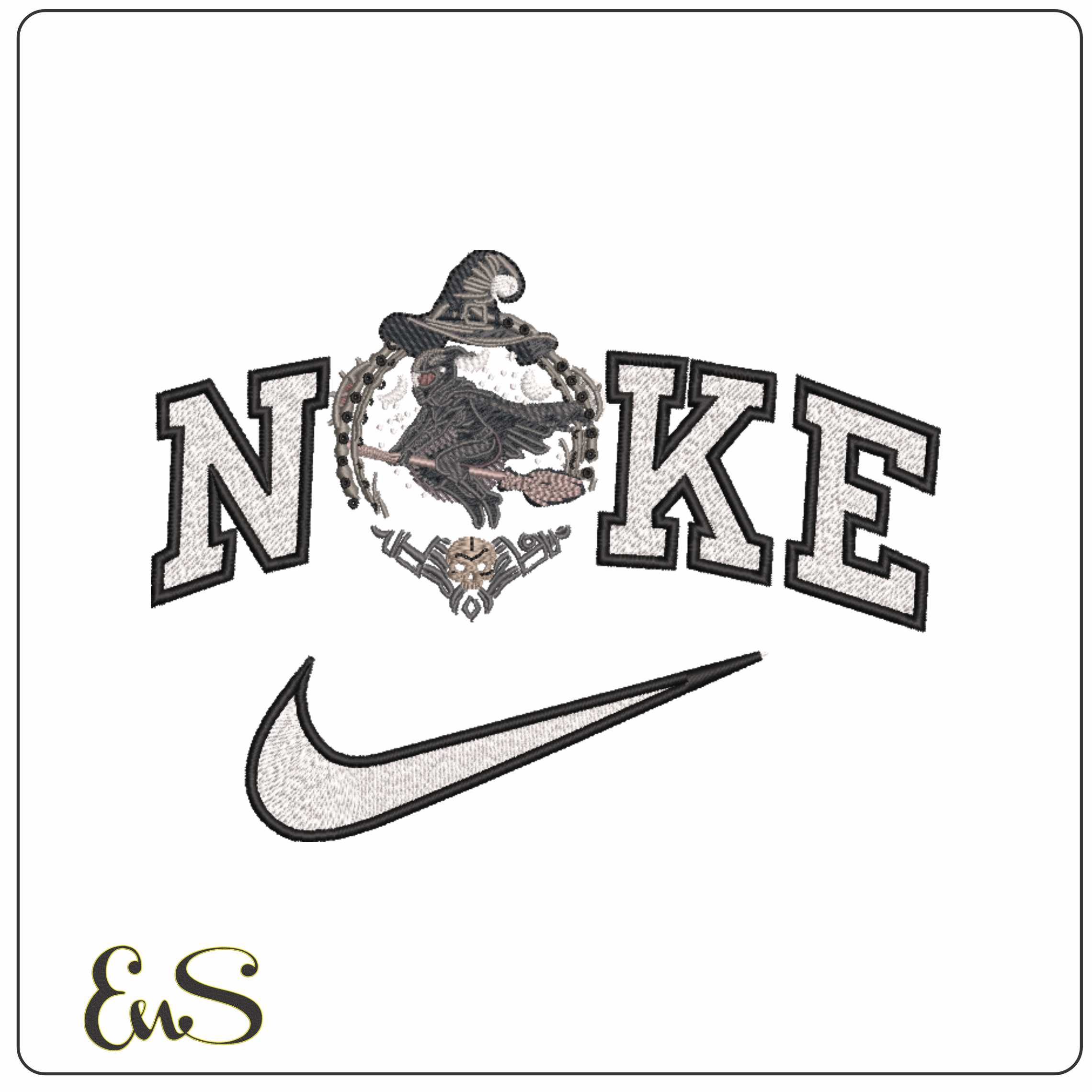 Nike Motor Bike Witch on A broomstick in Wreath    - Elegant embroidery design file-instant download
