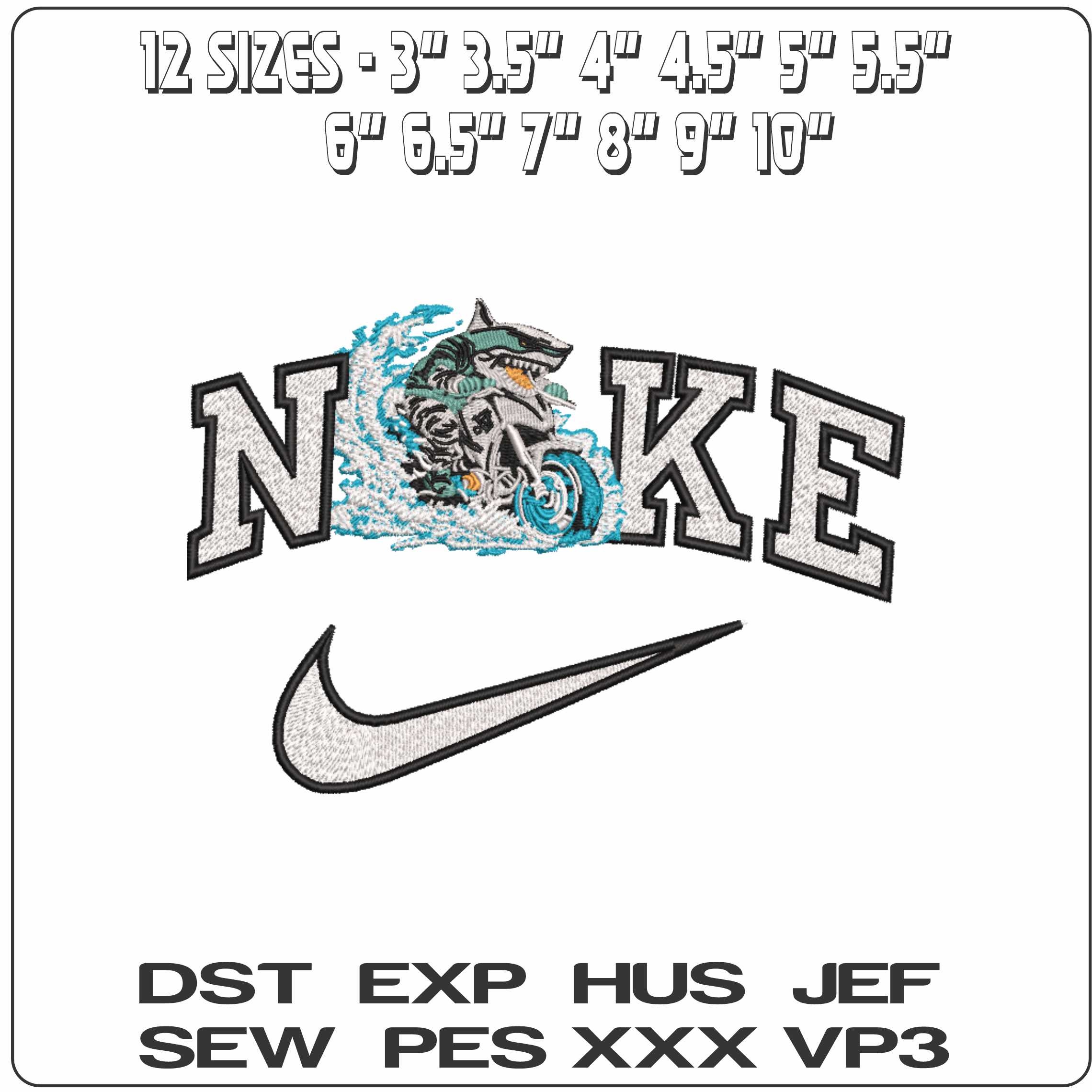 Nike Shark on Motorbike Riding Surf - Elegant embroidery design file-instant download — view 2