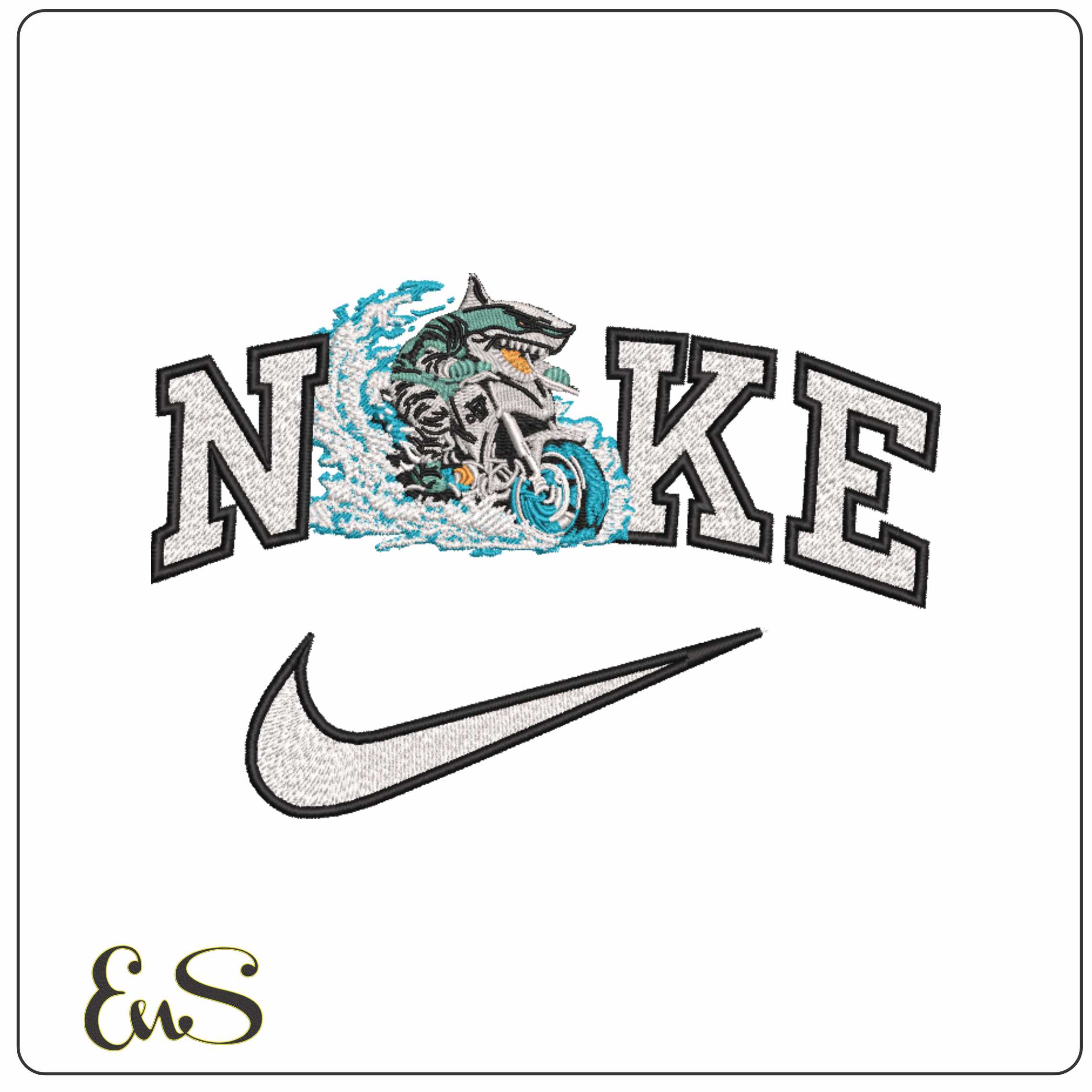 Nike Shark on Motorbike Riding Surf - Elegant embroidery design file-instant download