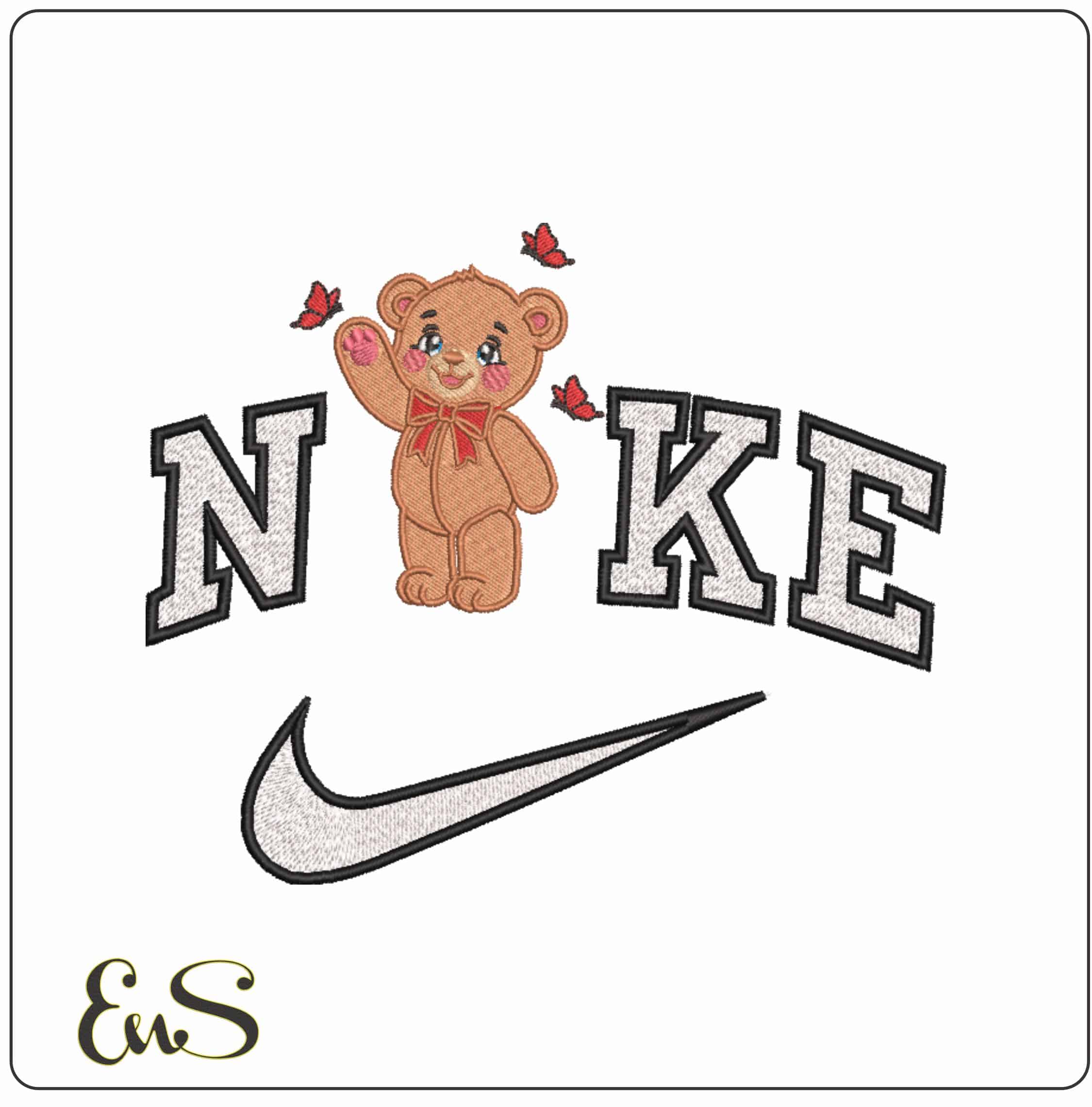 Nike Teddy Bear with Butterflies - Elegant embroidery design file-instant download