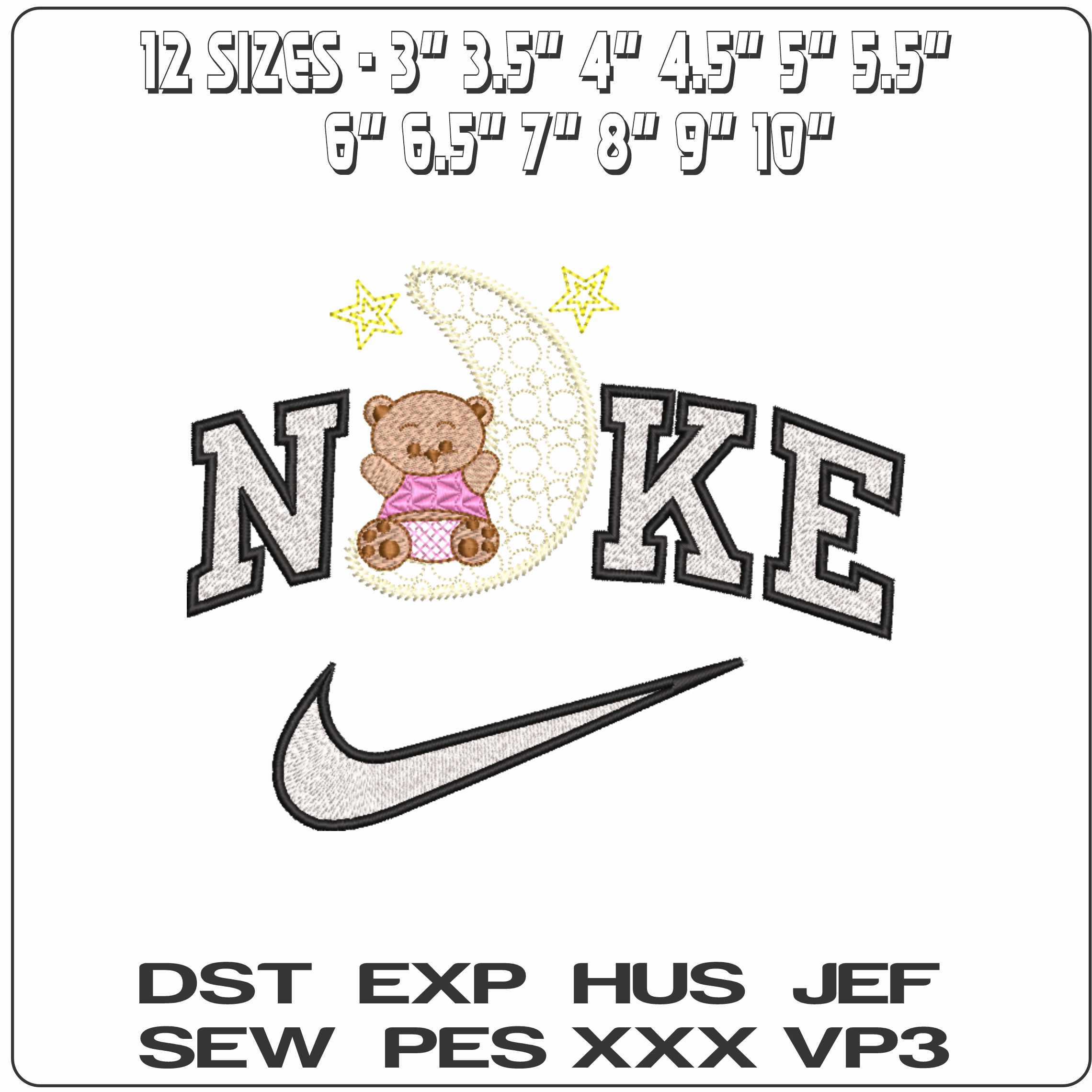 Nike Teddy sitting on the Moon with Star - Elegant embroidery design file-instant download — view 2