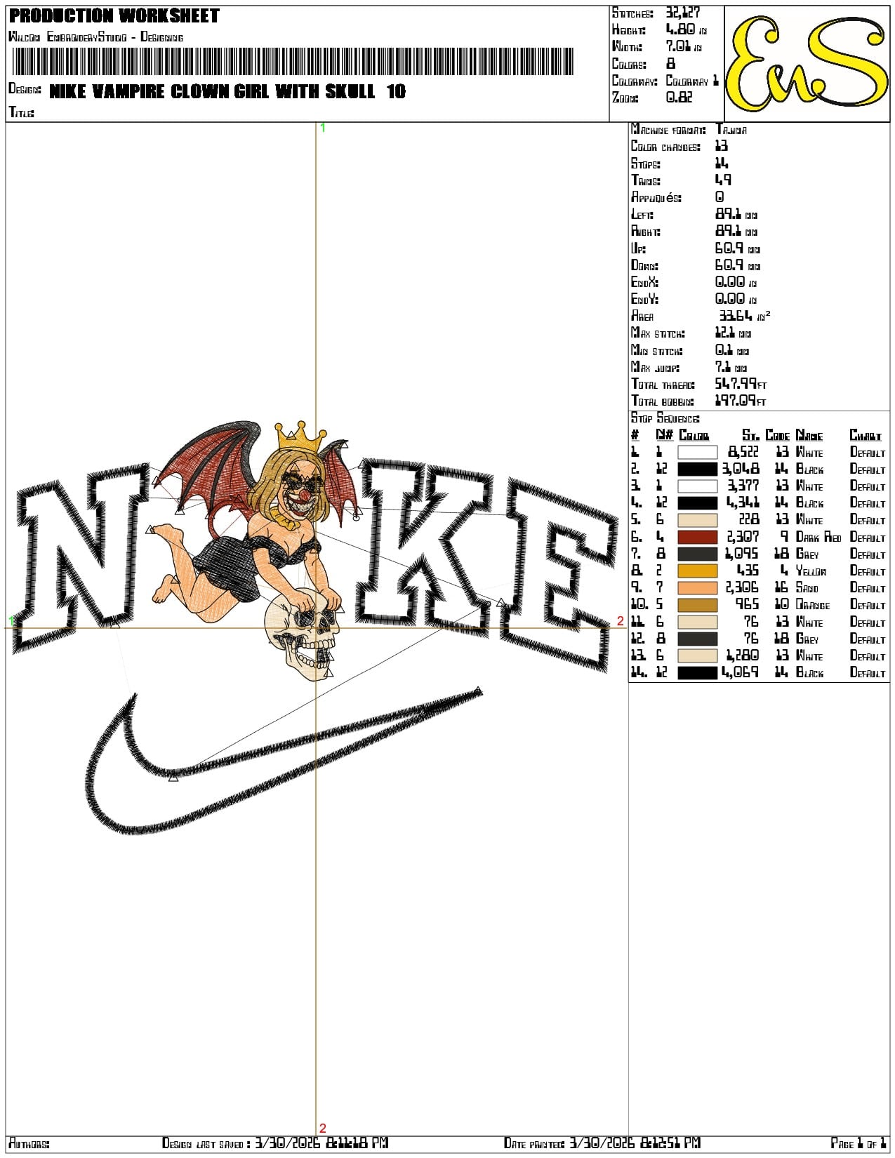Nike Vampire Clown Girl with Skull - Elegant embroidery design file-instant download — view 3