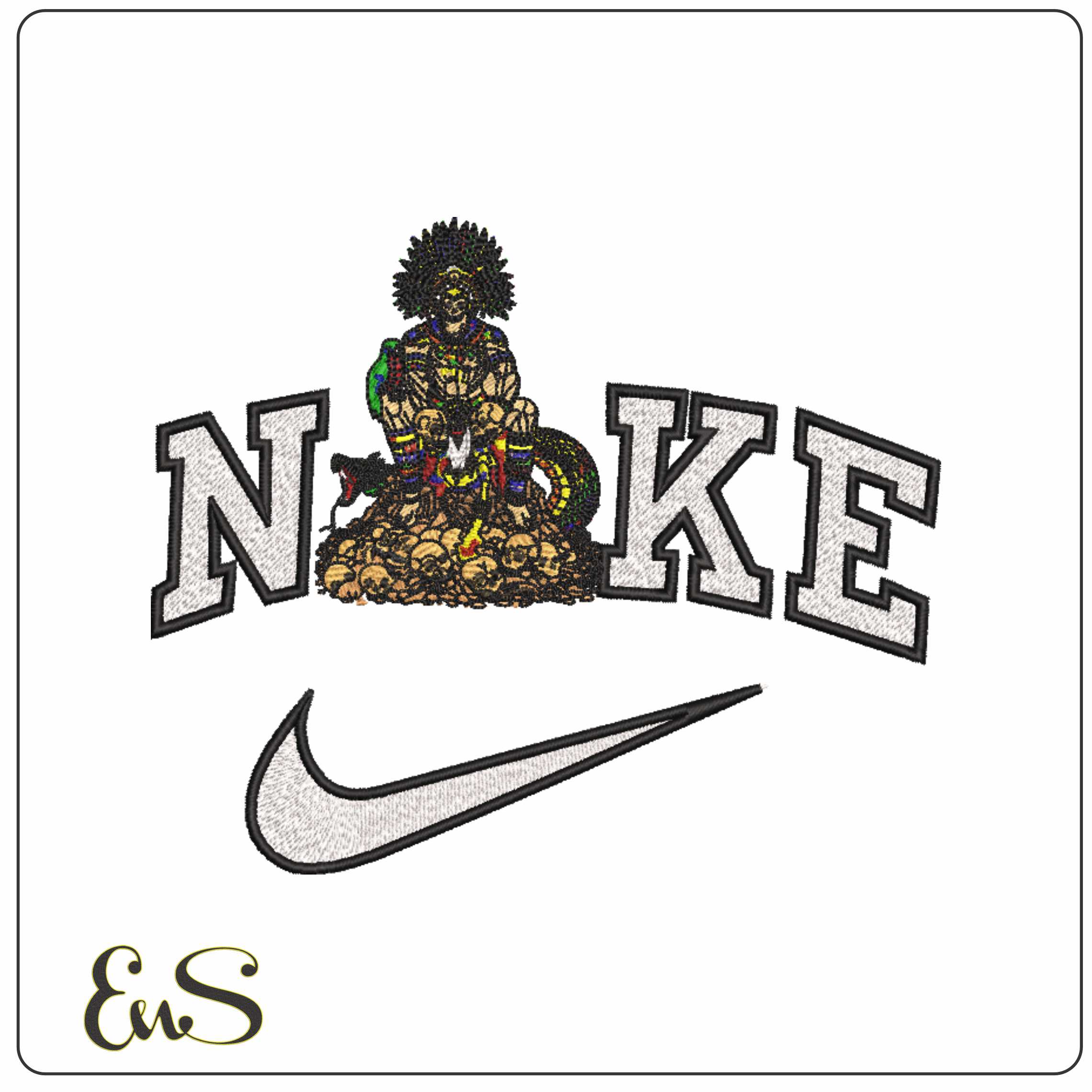 Nike Warrior sitting on top of Skulls - Elegant embroidery design file-instant download
