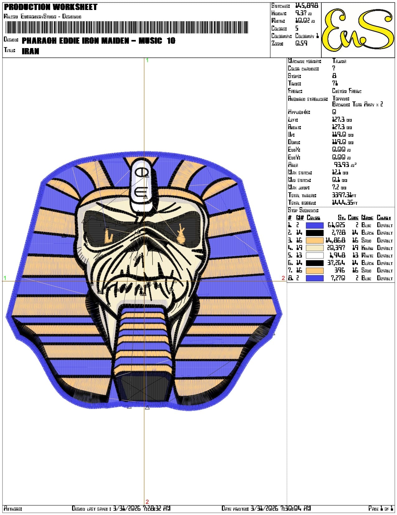 Pharaoh Eddie Iron Maiden Music - Elegant embroidery design file-instant download — view 3