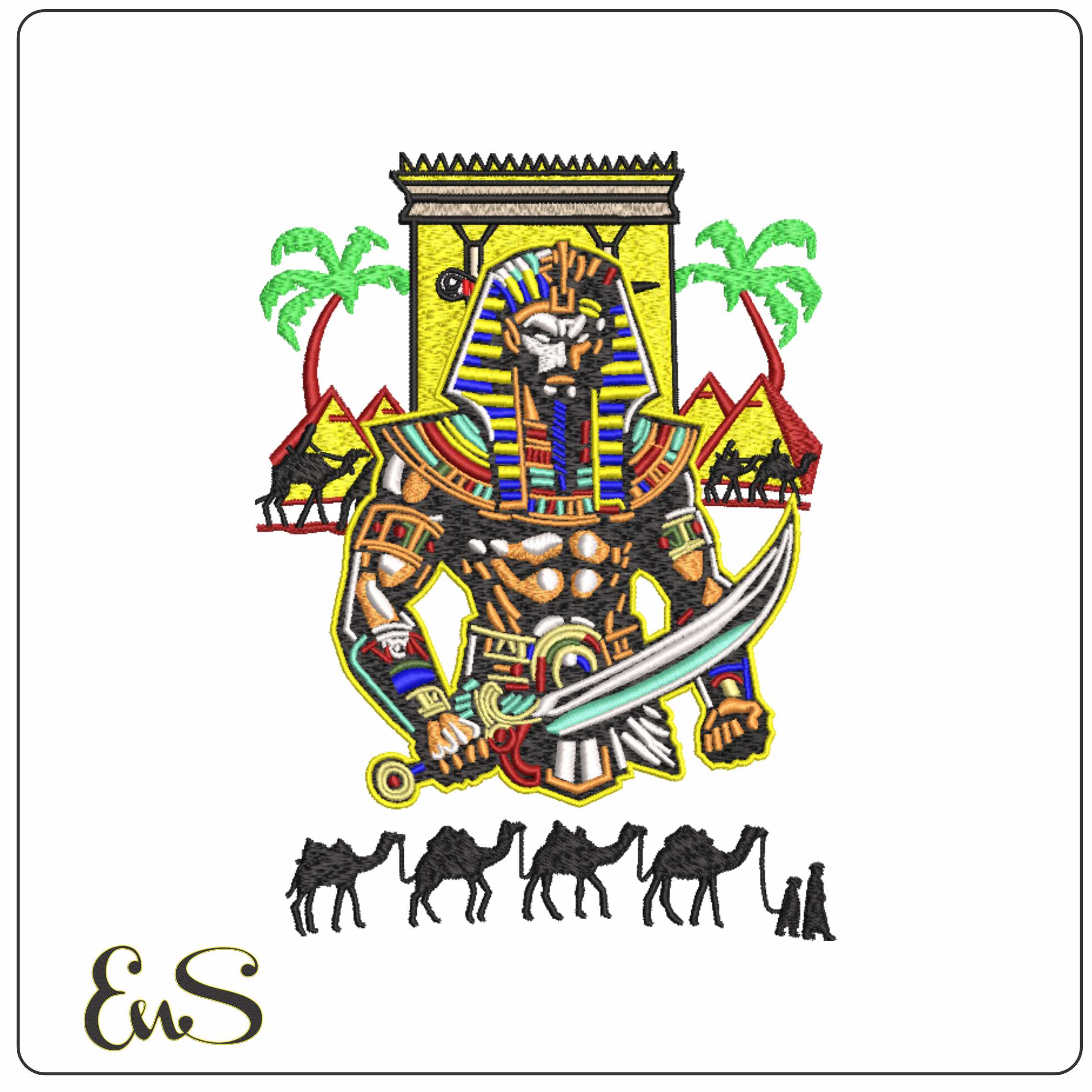 Pharoh With Sword guarding Pyramids - Elegant embroidery design file-instant download