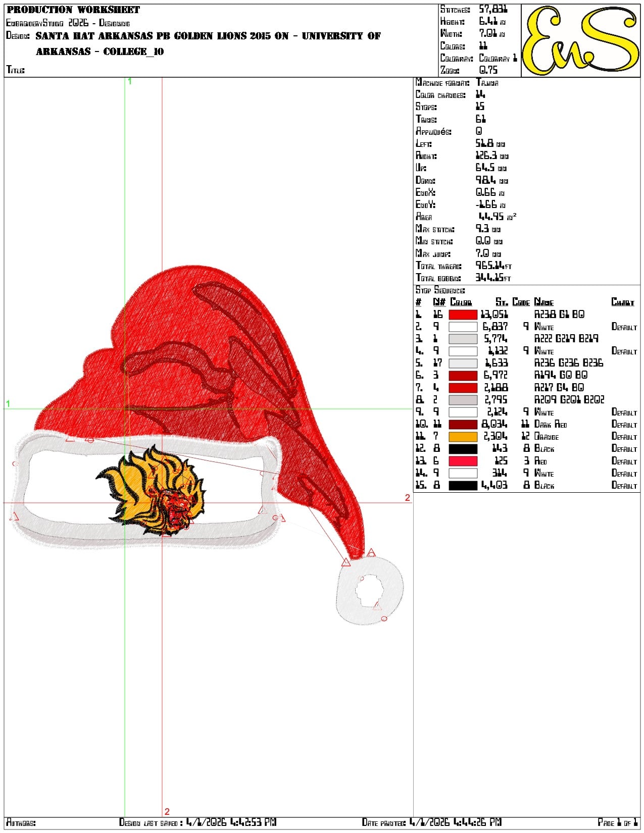 Santa Hat Arkansas PB Golden Lions 2015 on University  - Elegant embroidery design file-instant download — view 3