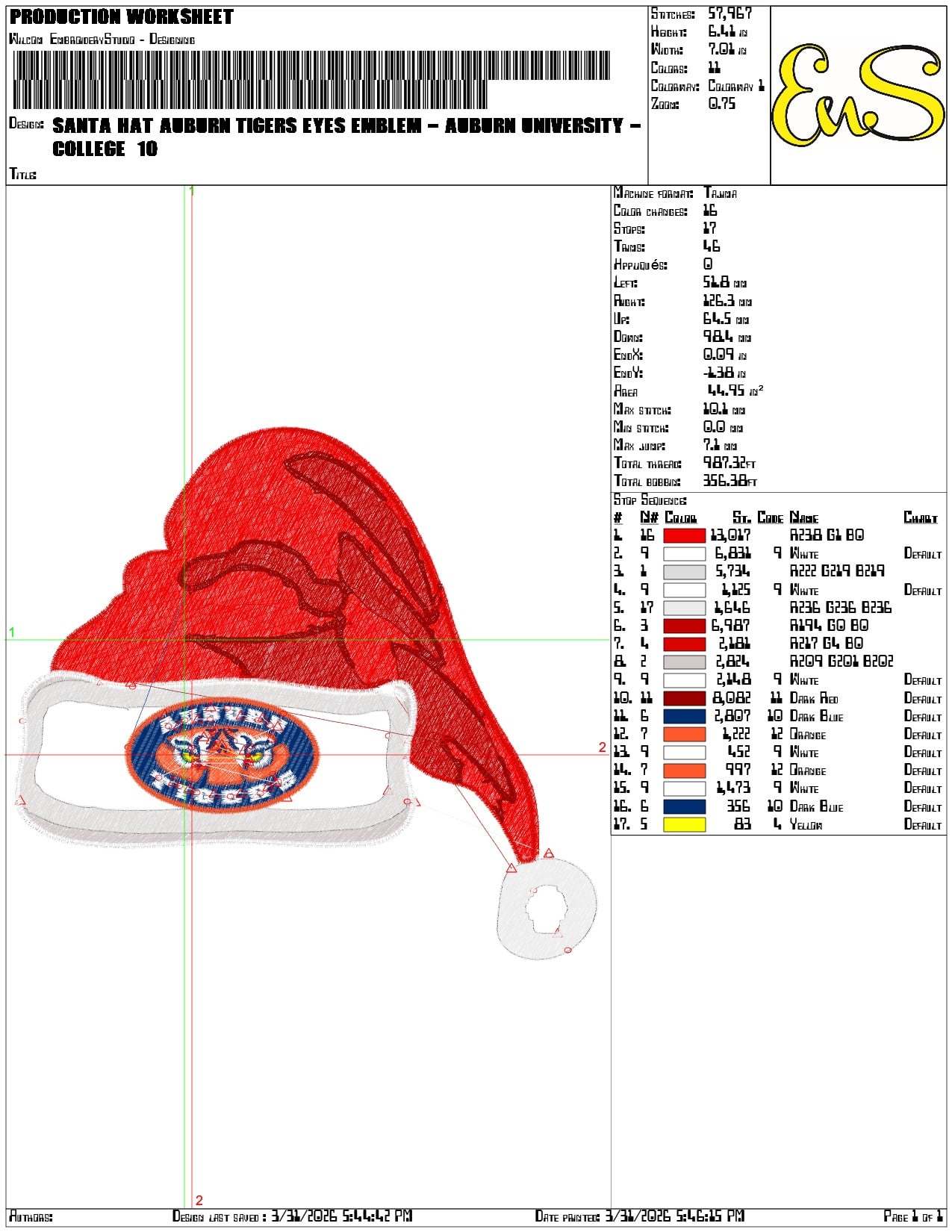 Santa Hat Auburn Tigers Eyes Emblem - Elegant embroidery design file-instant download — view 3