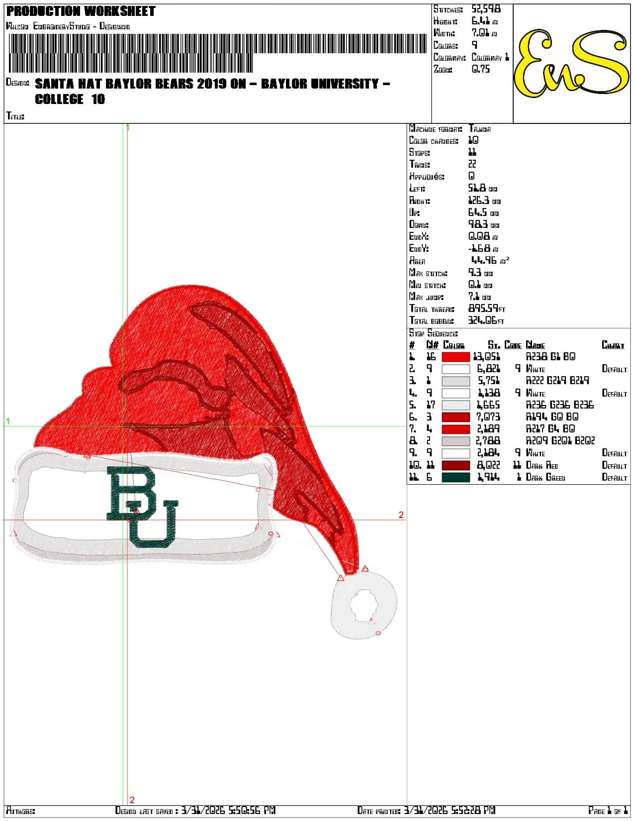 Santa Hat Baylor Bears 2019 on Baylor University - Elegant embroidery design file-instant download — view 3