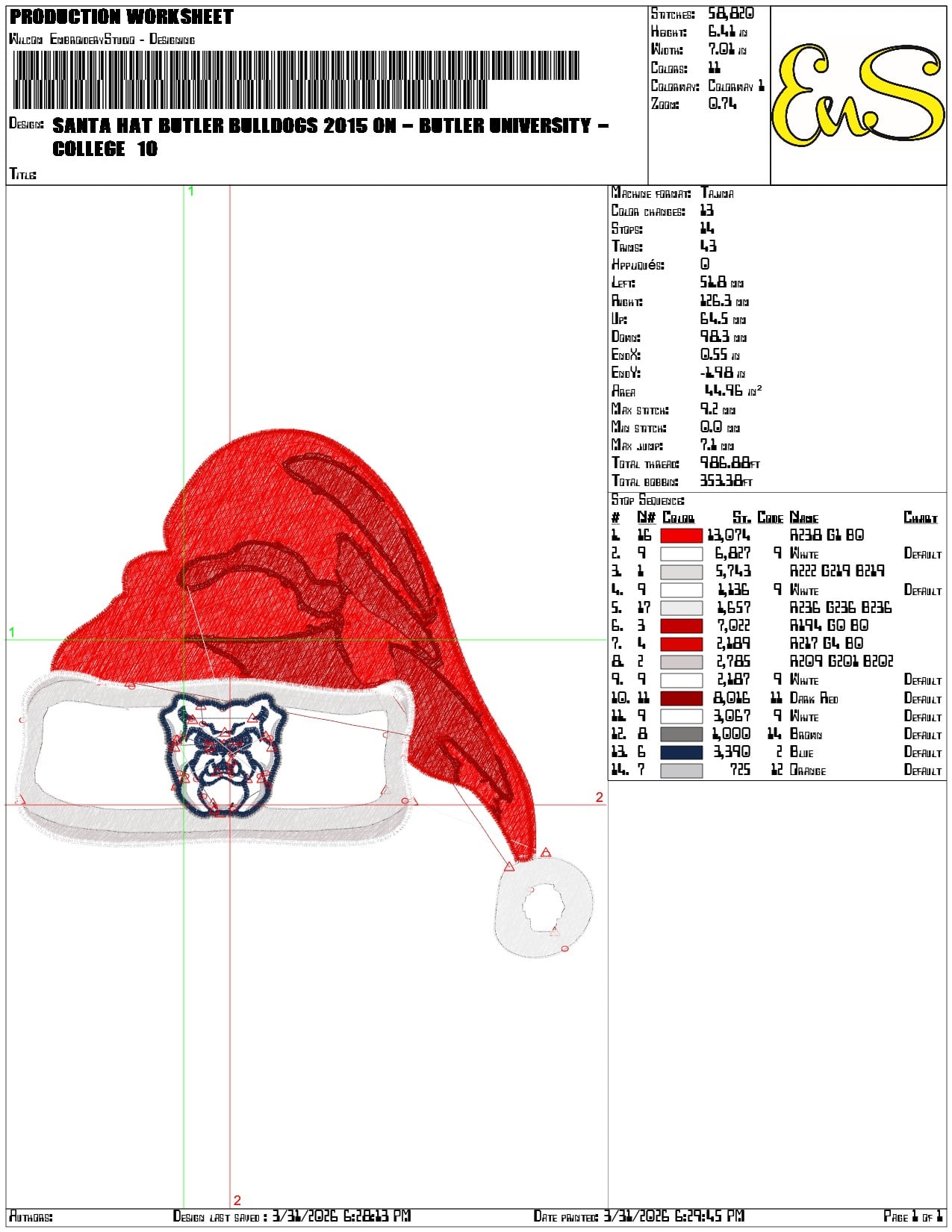 Santa Hat Butler Bulldogs 2015 - Elegant embroidery design file-instant download — view 3