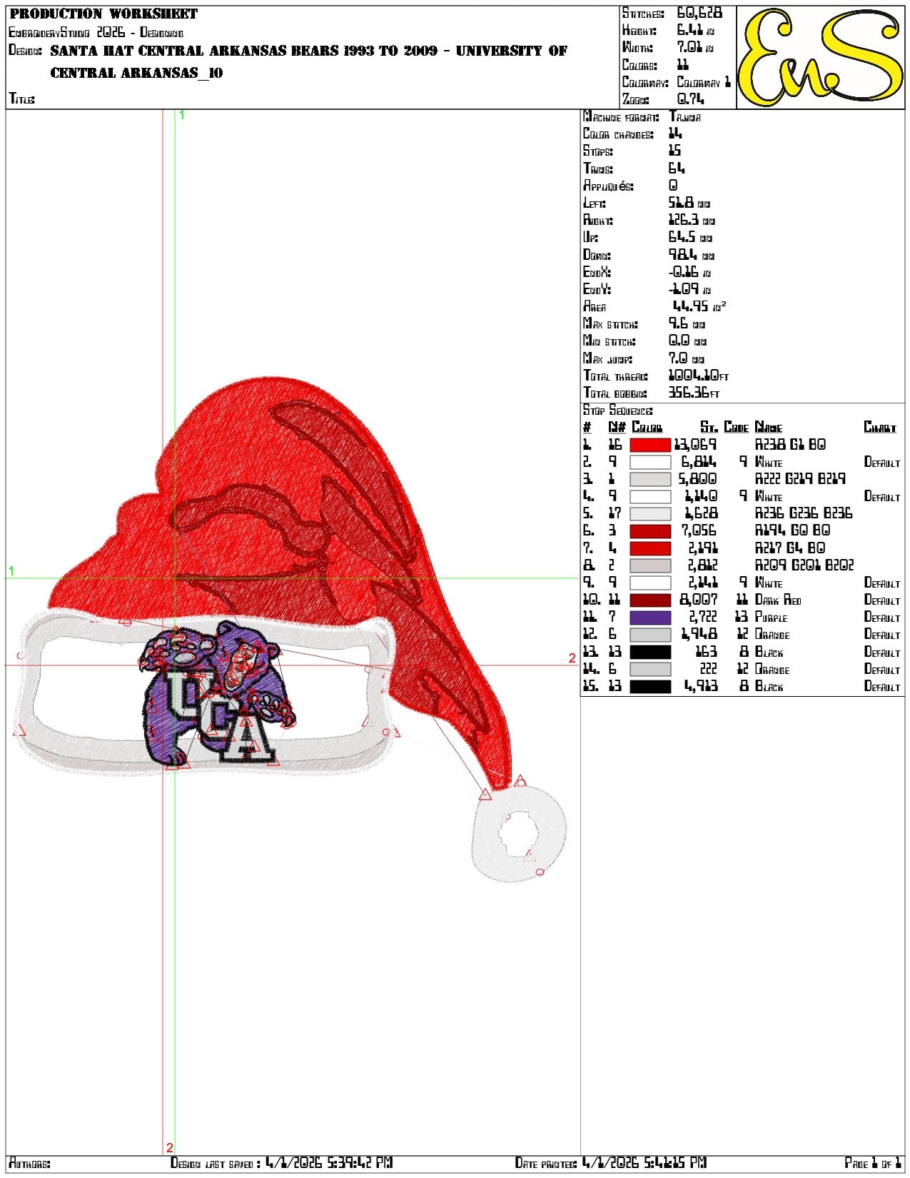 Santa Hat Central Arkansas Bears 1993 to 2009 - Elegant embroidery design file-instant download — view 3