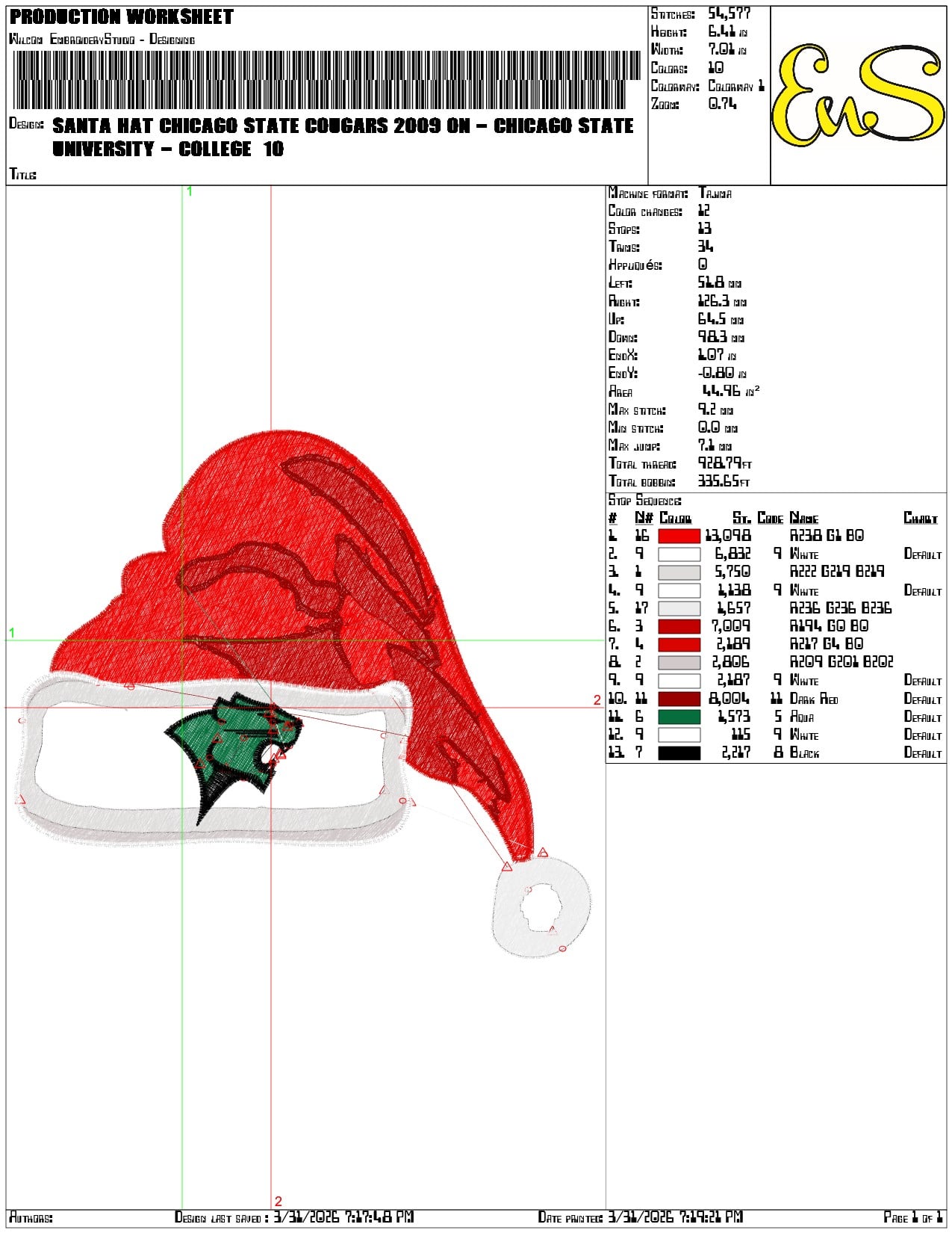 Santa Hat Chicago State Cougars 2009 - Elegant embroidery design file-instant download — view 3