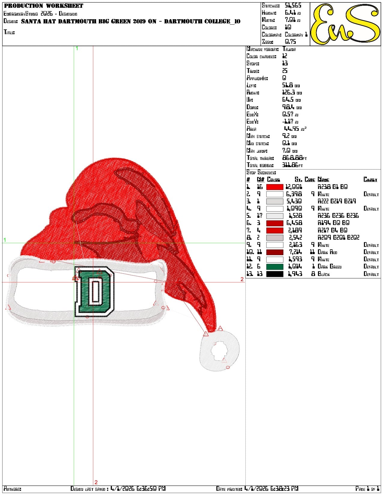 Santa Hat Dartmouth Big Green 2019 - Elegant embroidery design file-instant download — view 3