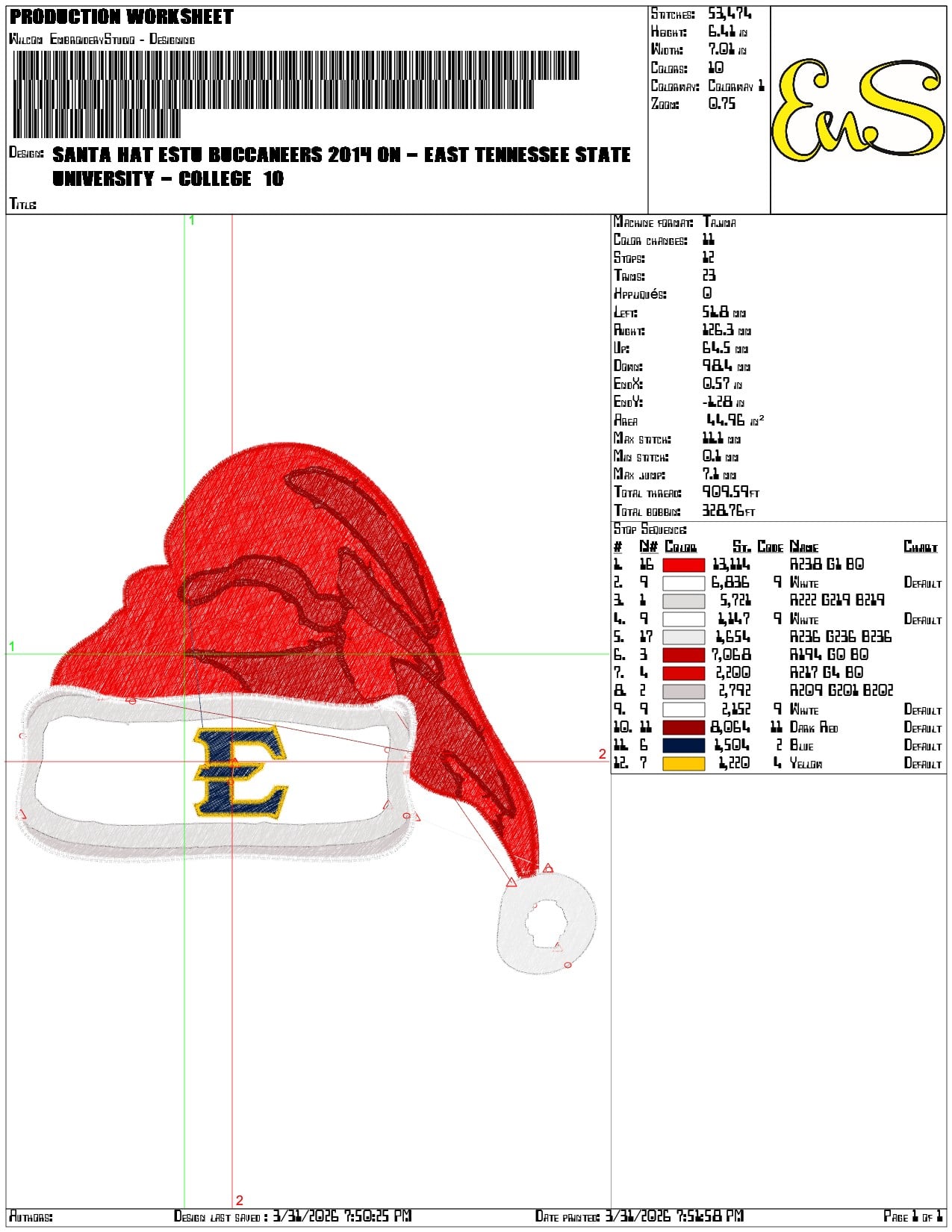 Santa Hat ESTU Buccaneers 2014 - Elegant embroidery design file-instant download — view 3