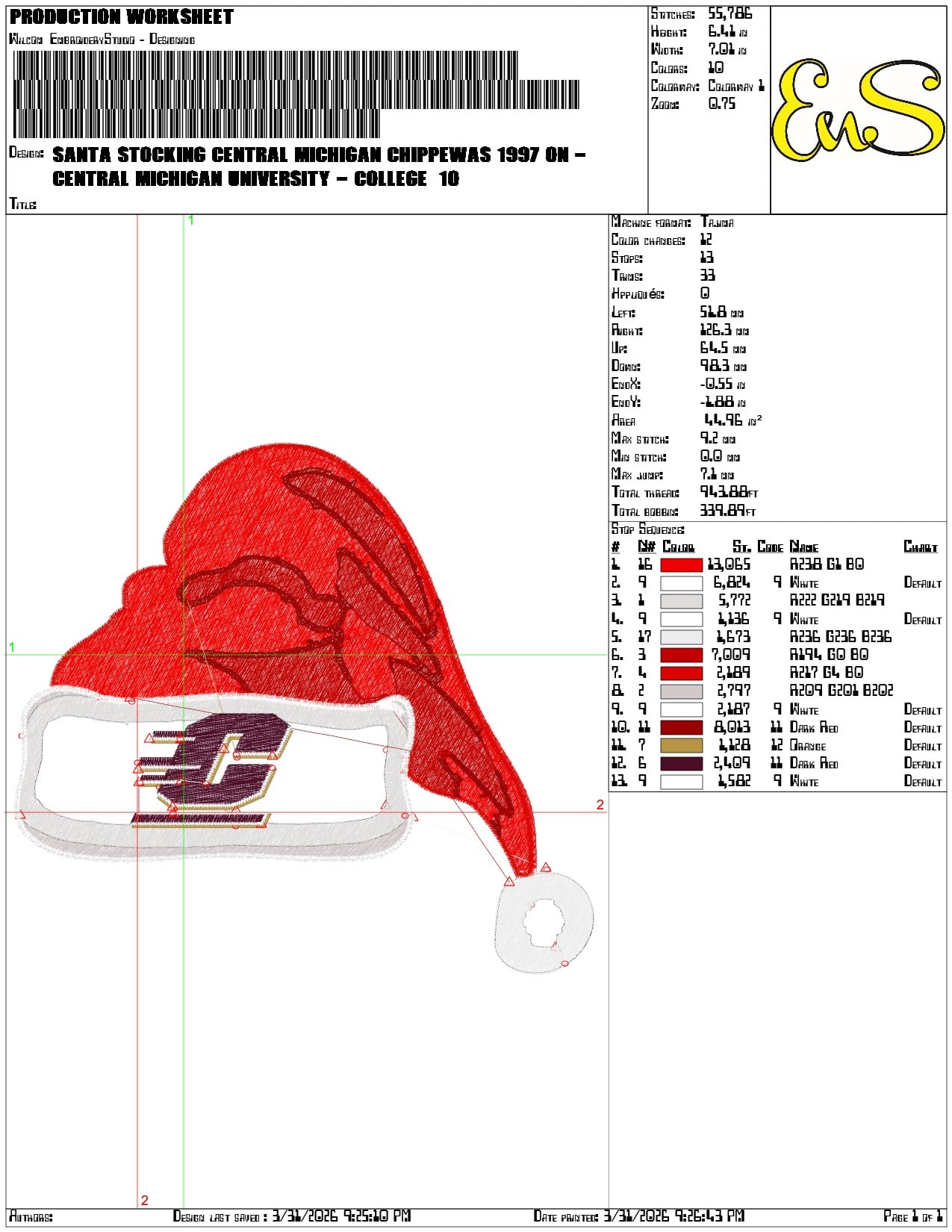 Santa Stocking Central Michigan Chippewas 1997 - Elegant embroidery design file-instant download — view 3