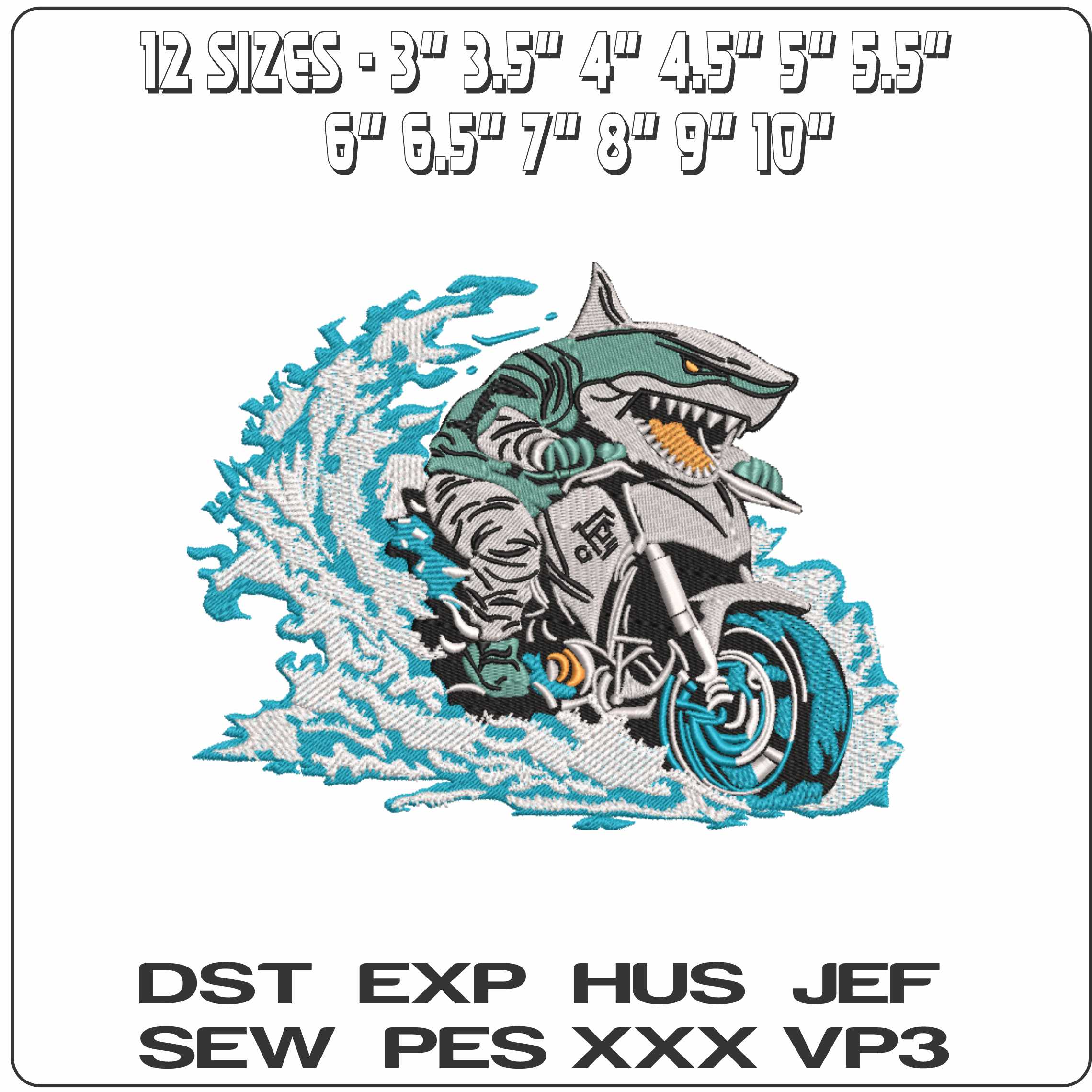 Shark on Motorbike Riding Surf - Elegant embroidery design file-instant download — view 2