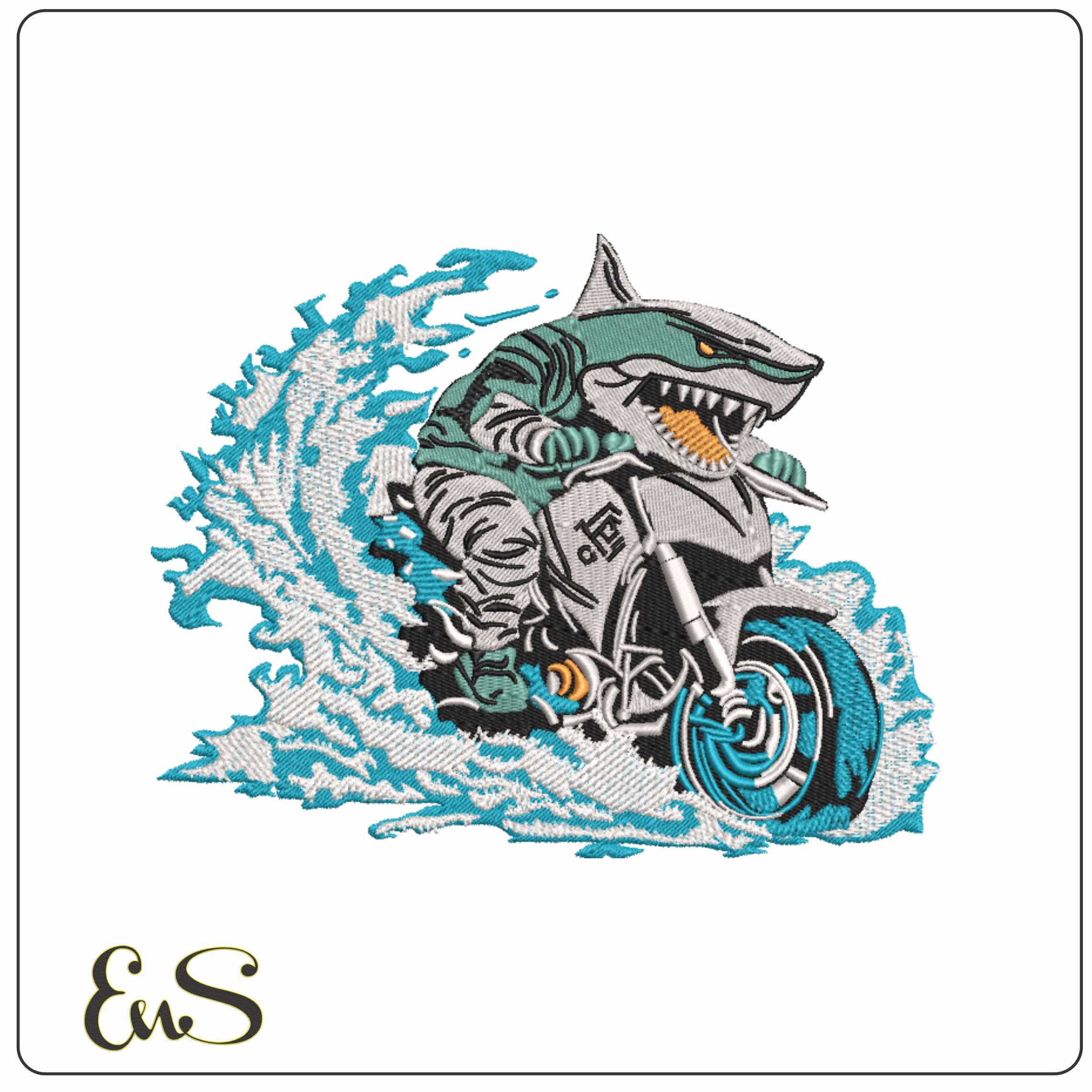 Shark on Motorbike Riding Surf - Elegant embroidery design file-instant download