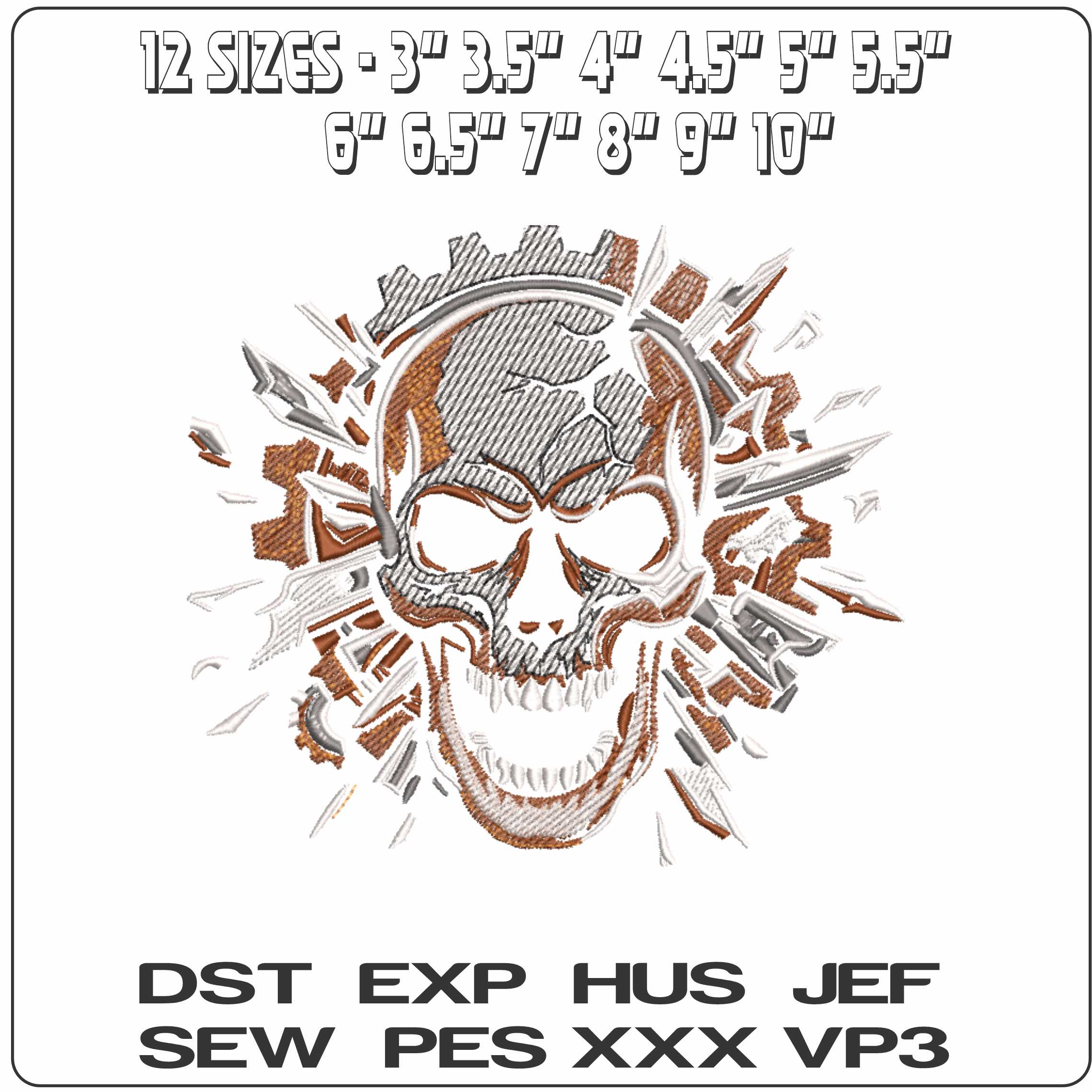 Skull with Glass breaking no Background - Elegant embroidery design file-instant download — view 2