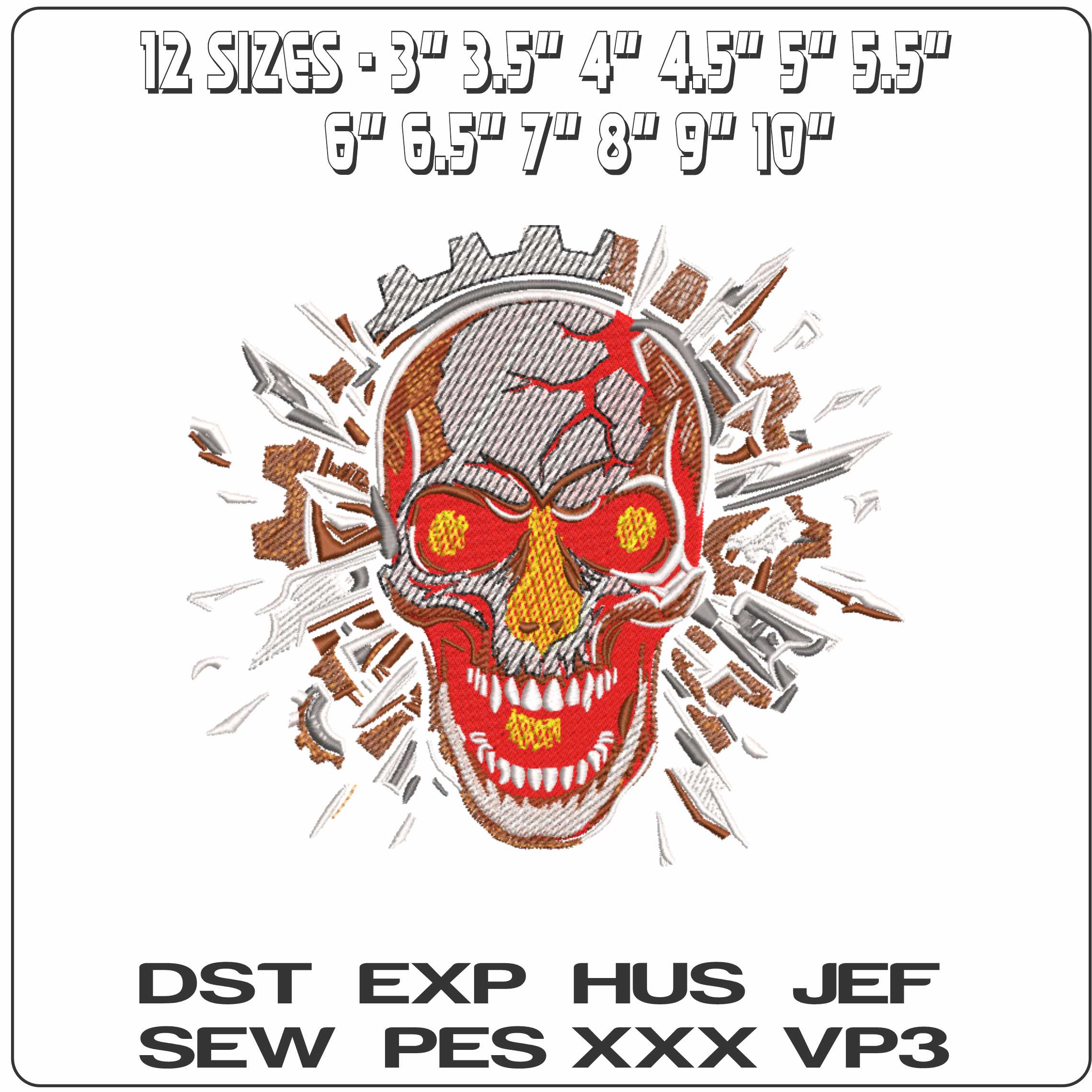 Skull with Glass breaking red underlay - Elegant embroidery design file-instant download — view 2