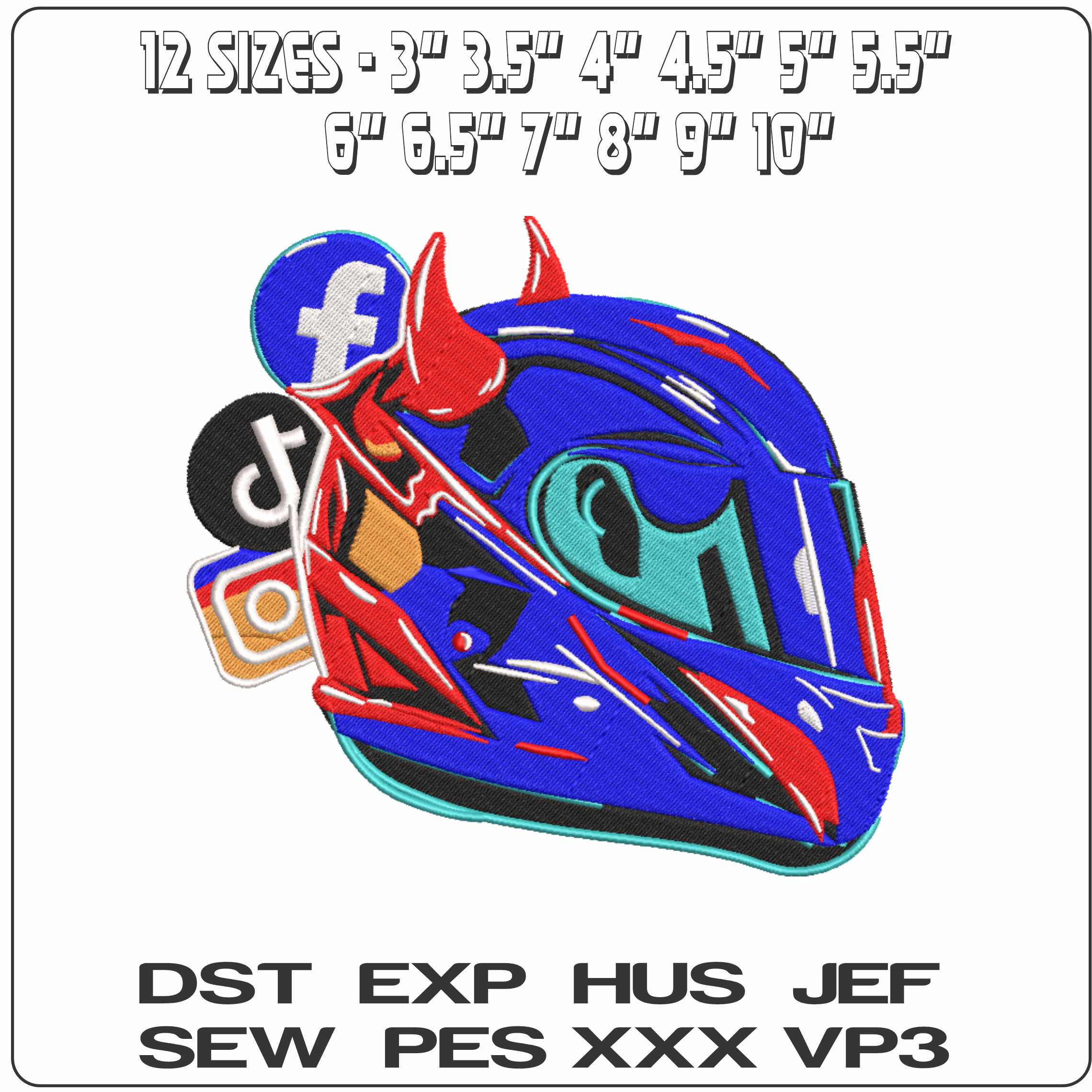 Social Media Motorbike Crash Helmet - Elegant embroidery design file-instant download — view 2