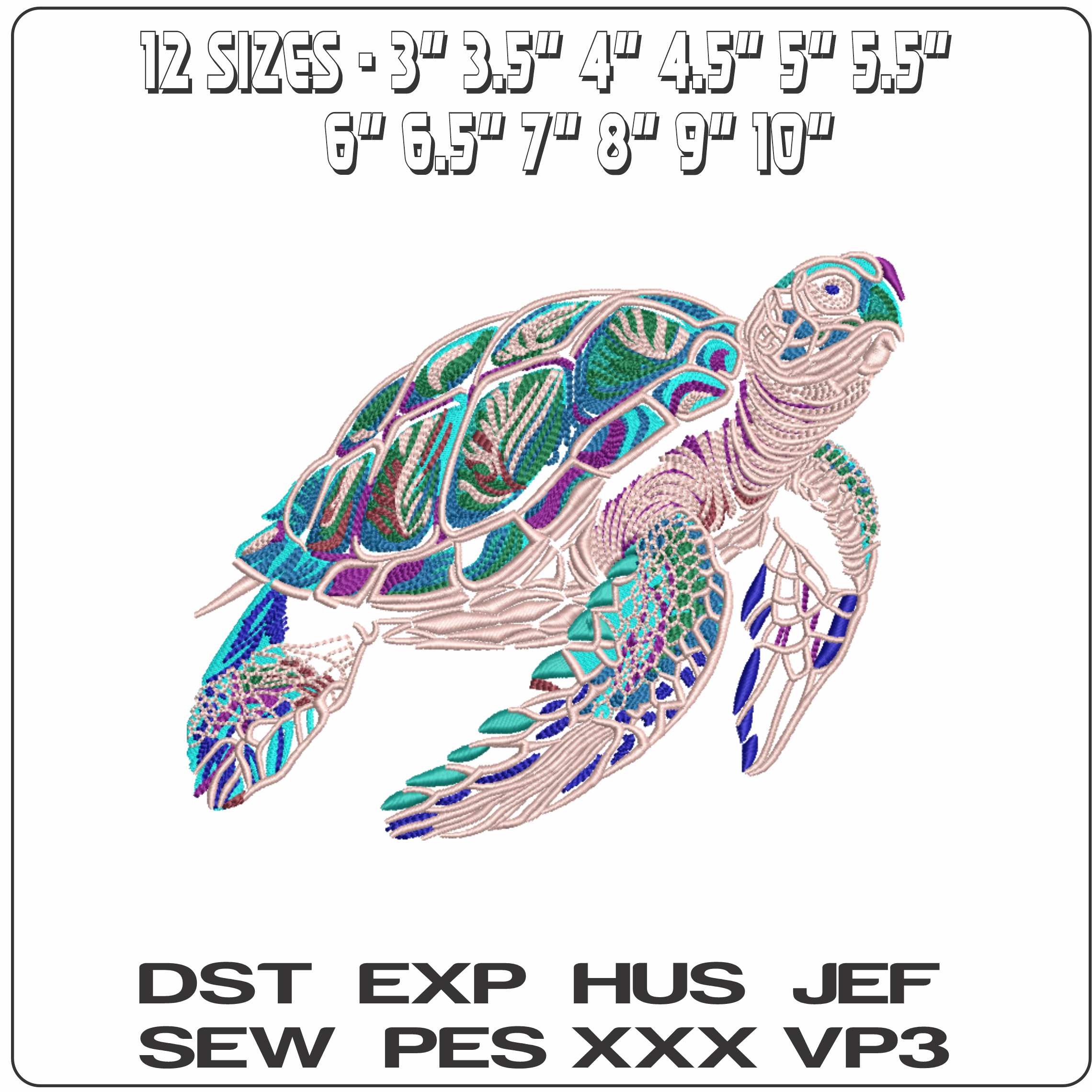 Turtle Color outline  - Elegant embroidery design file-instant download — view 2