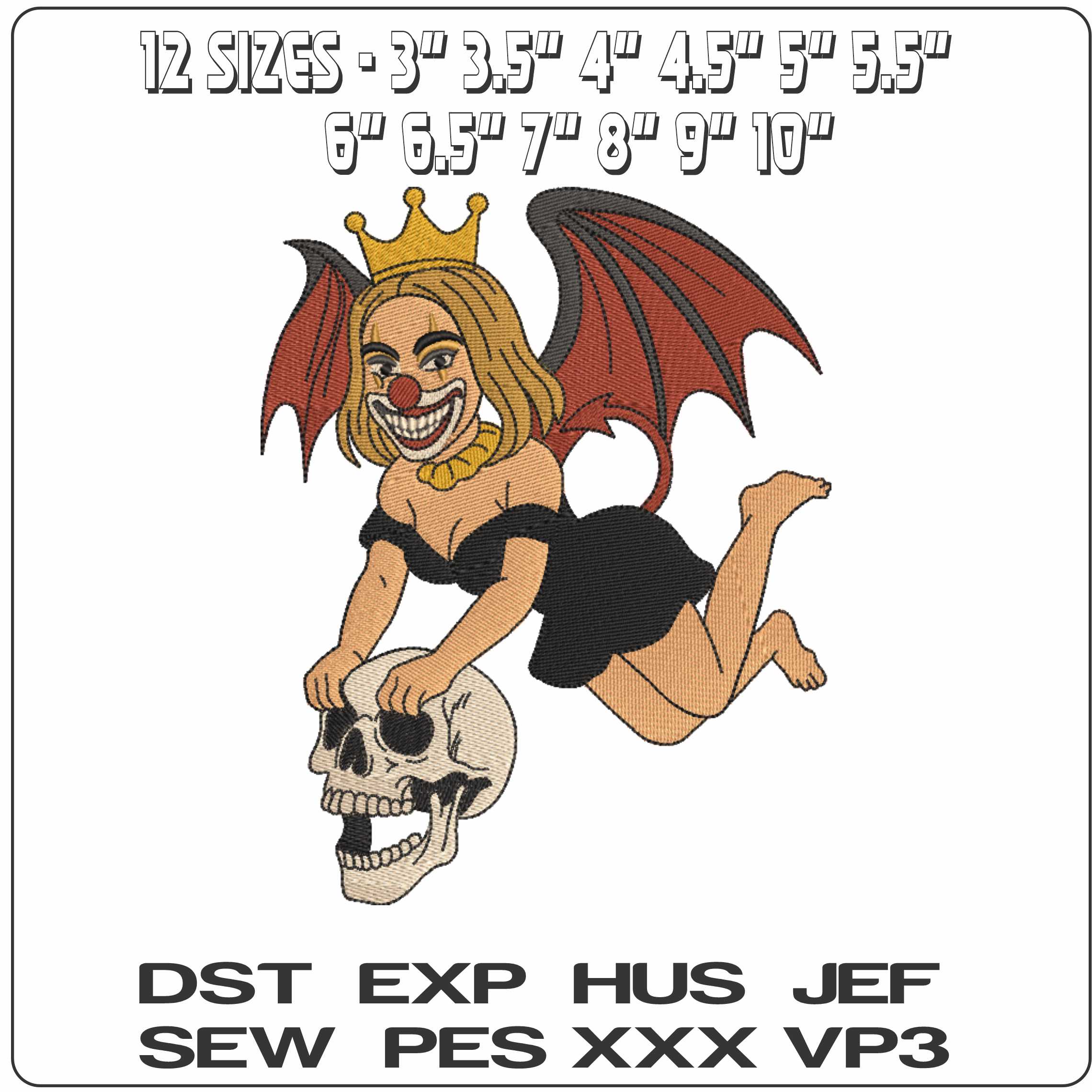 Vampire Clown Girl with Skull  - Elegant embroidery design file-instant download — view 2
