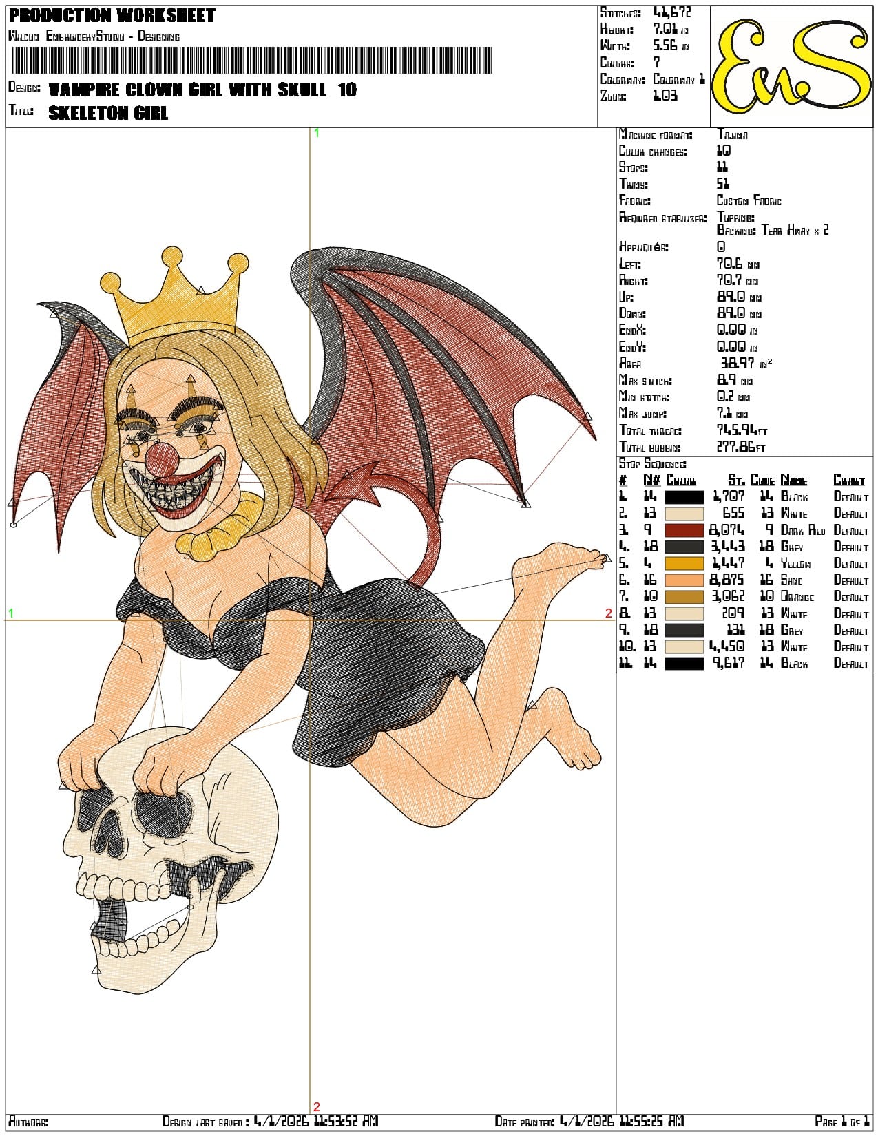 Vampire Clown Girl with Skull  - Elegant embroidery design file-instant download — view 3