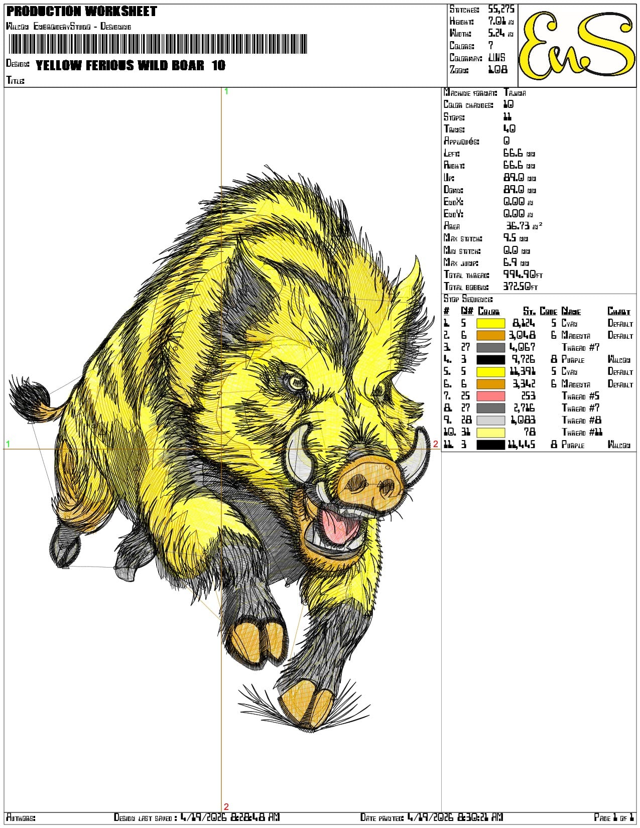 Yellow Ferious Wild Boar  - Elegant embroidery design file-instant download — view 3