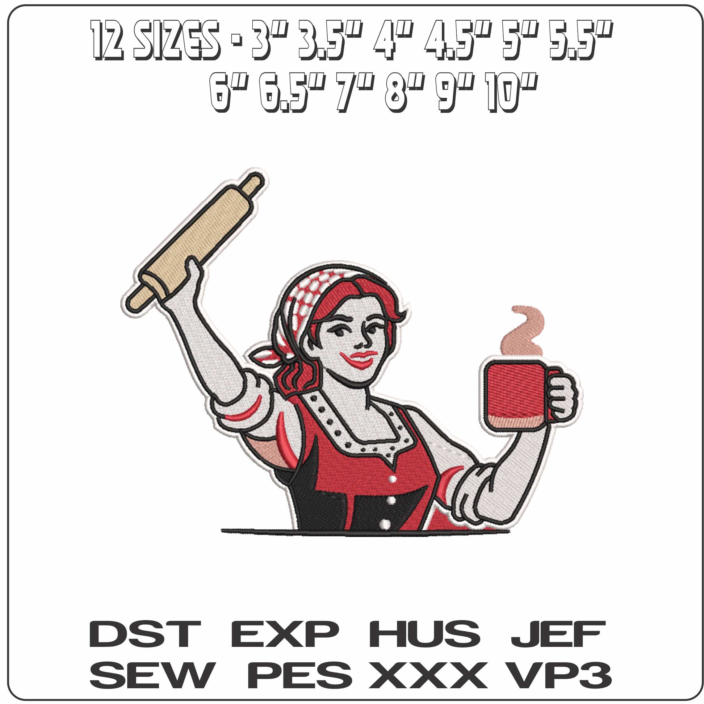 Yorkshire Lass with Tea and Rollin Pin  - Elegant embroidery design file-instant download — view 2